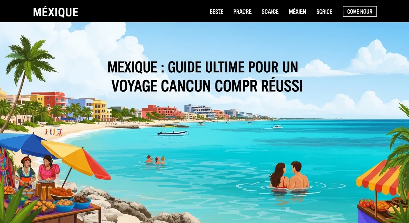 Paisaje mexicano moderno con elementos culturales y turísticos sobre Voyage Cancun Compr