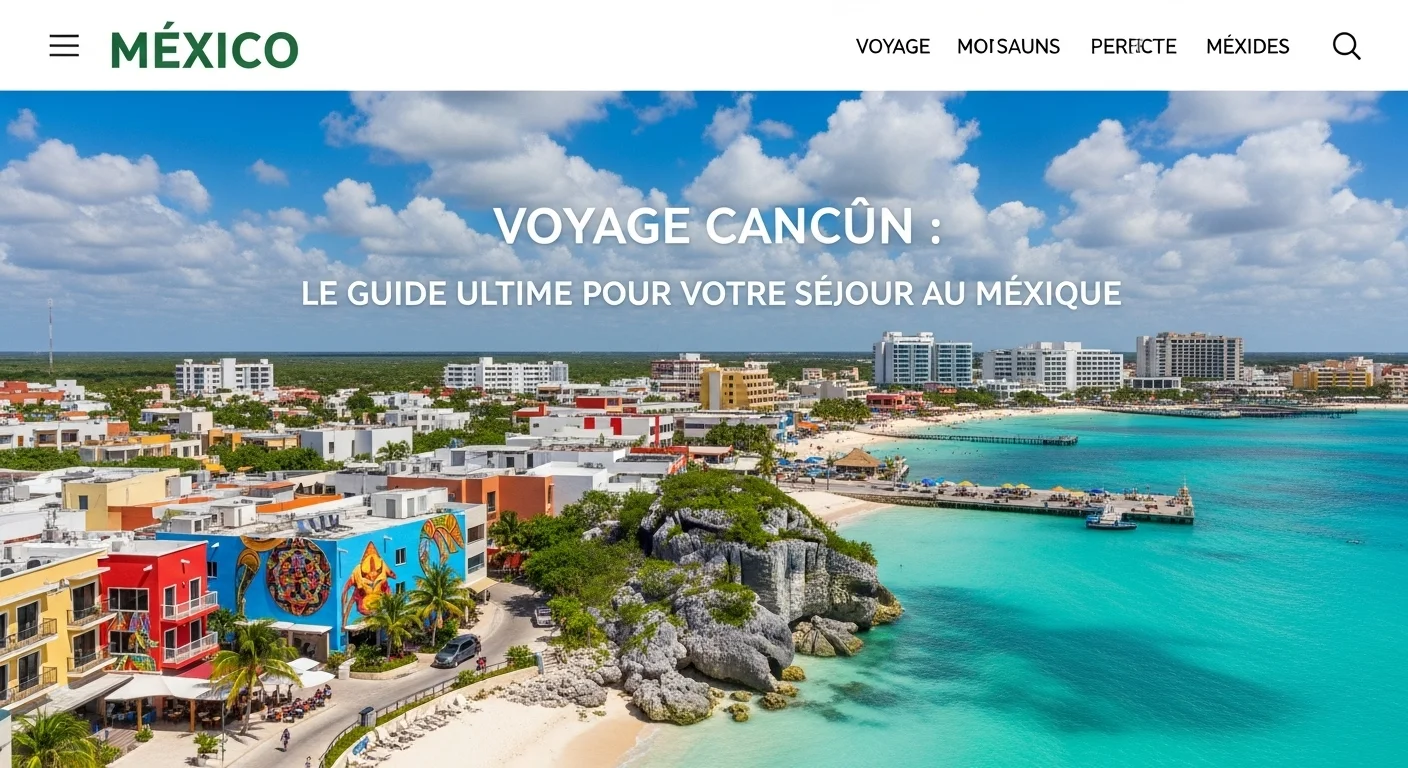 Paisaje mexicano moderno con elementos culturales y turísticos sobre Voyage Cancun