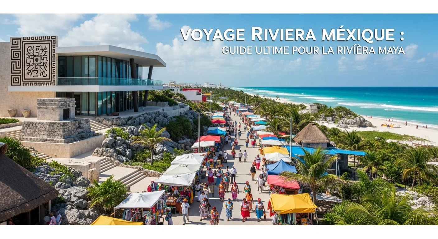 Paisaje mexicano moderno con elementos culturales y turísticos sobre Voyage Riviera