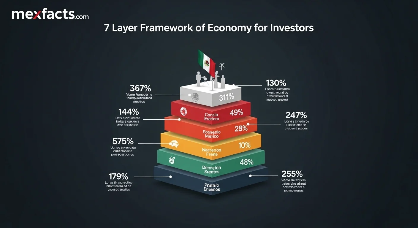 Mexican economic facts and data represented by a 7 Layer model graphic with key statistical information.