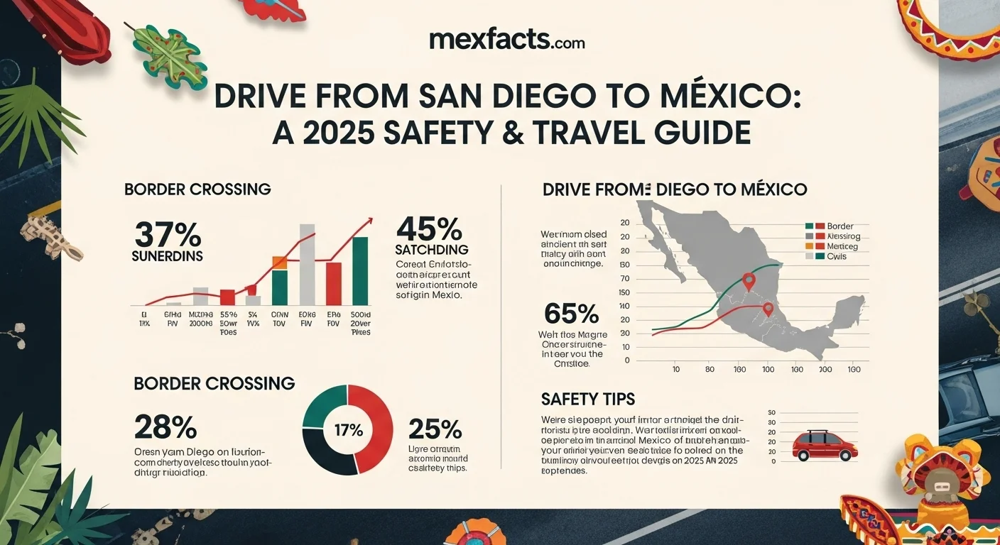 Infographic showing border crossing statistics and safety tips for driving in Mexico.