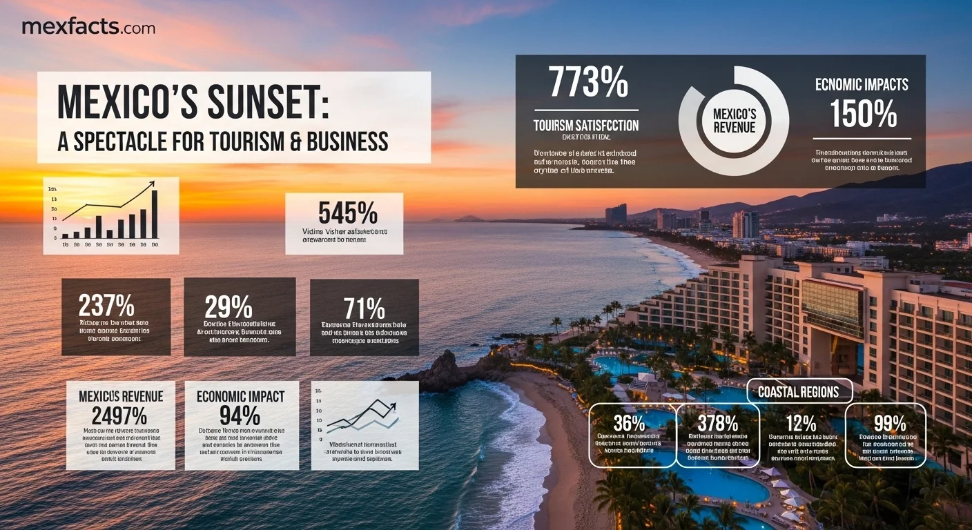 Infographic showing Mexican tourism facts and data related to coastal destinations and sunset views