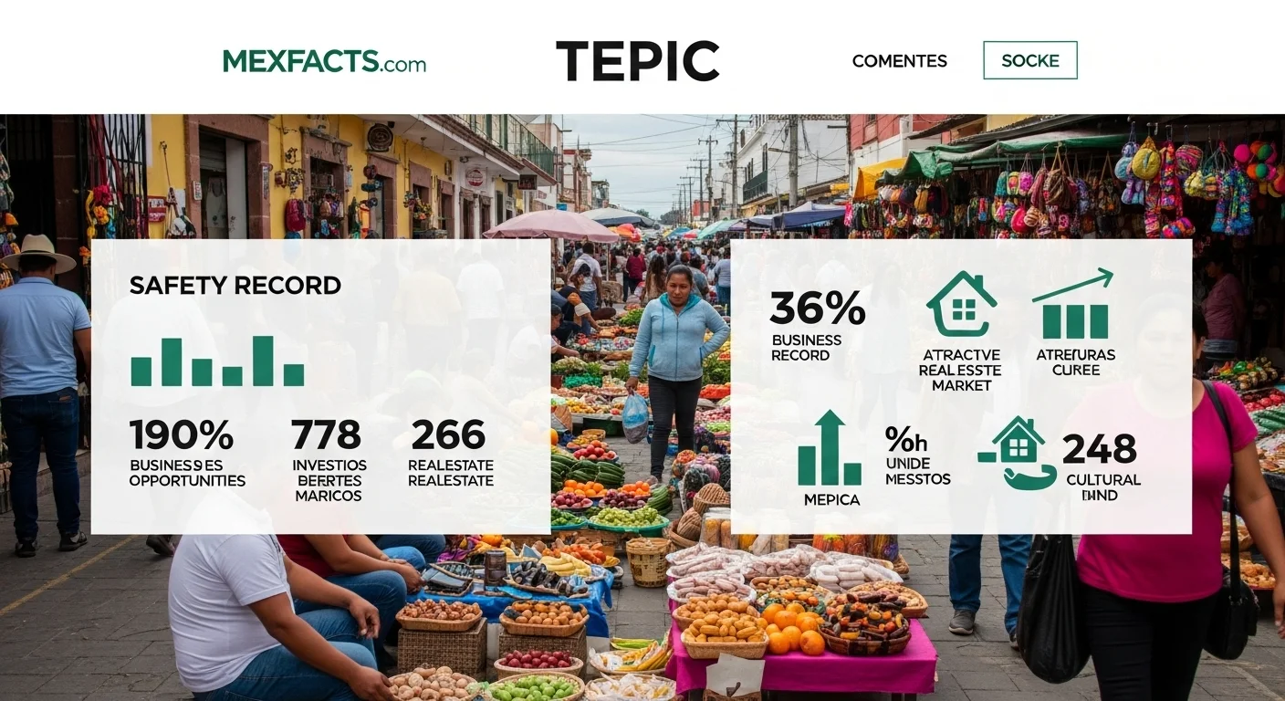 Mexican facts and data about Tepic with statistical information, showing a vibrant street market