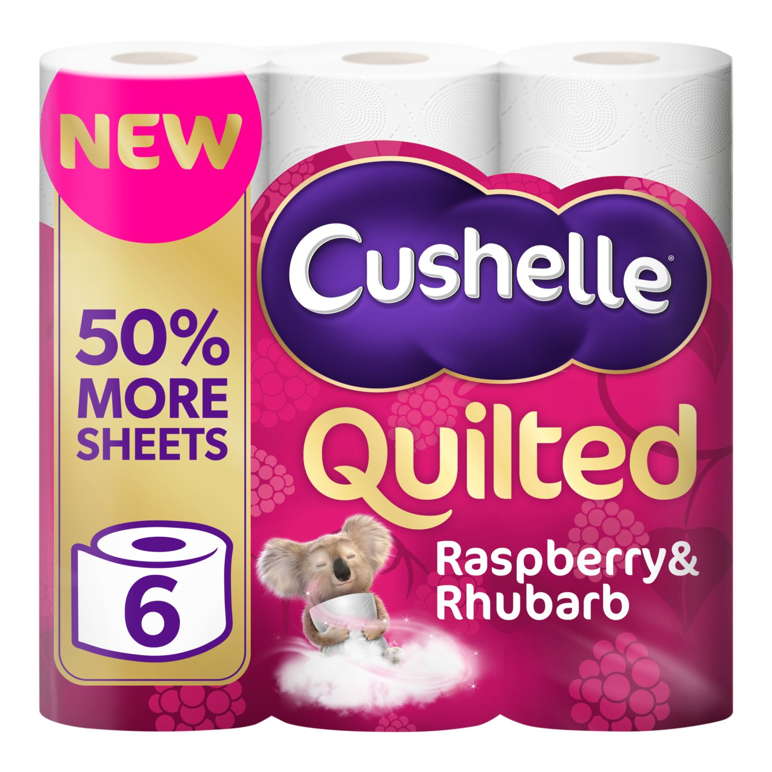 Cushelle Quilted Rhubard & Raspberry 50% Longer Toilet Tissue 6 Equals 9 Regular (6 Roll)