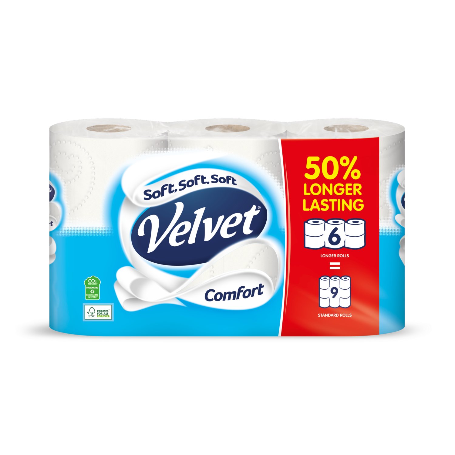 Velvet Comfort 50% Longer Toilet Tissue 6 Equals 9 Regular Rolls (6 Roll)