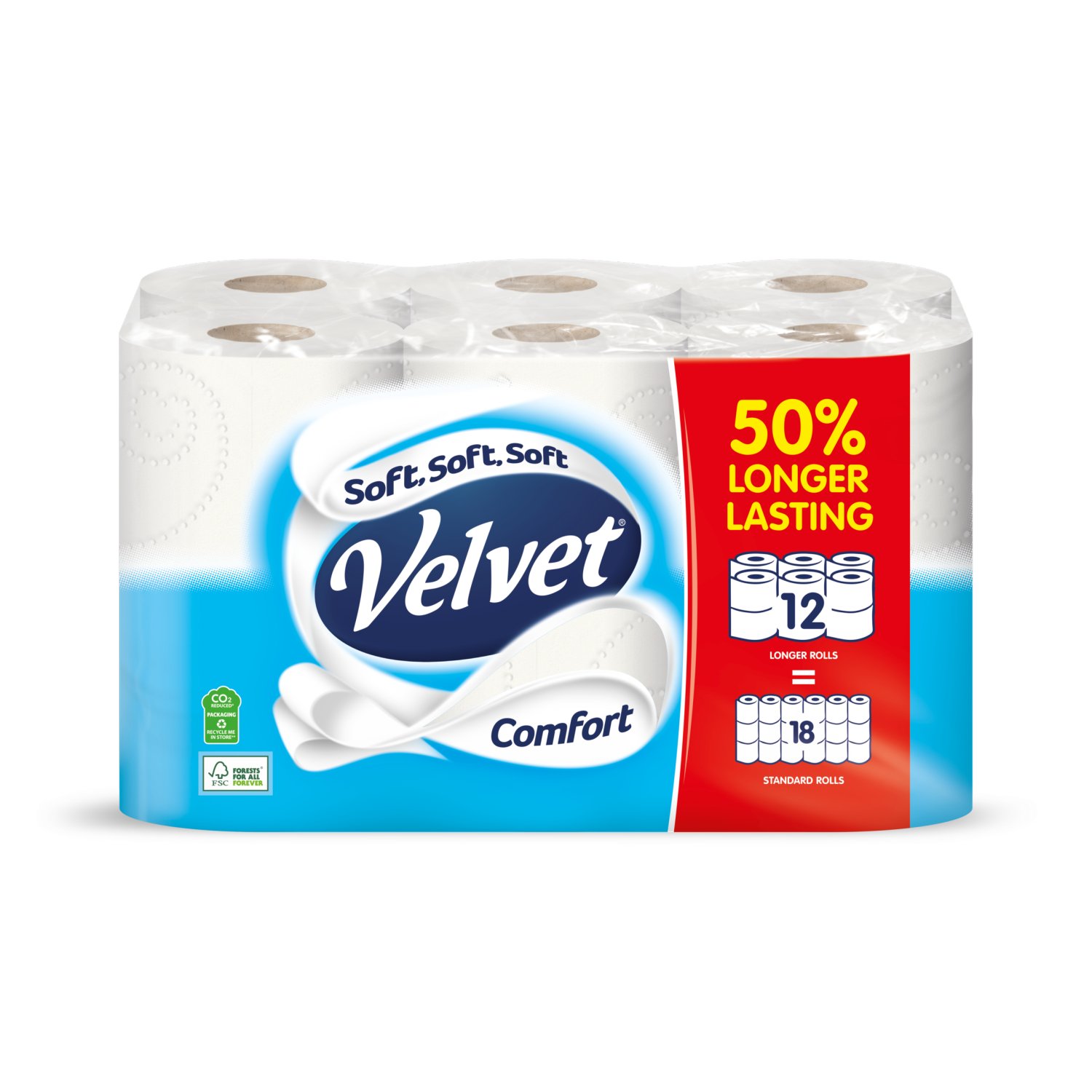 Velvet Comfort 50% Longer Toilet Tissue 12 Equals 18 Regular Rolls (12 Roll)