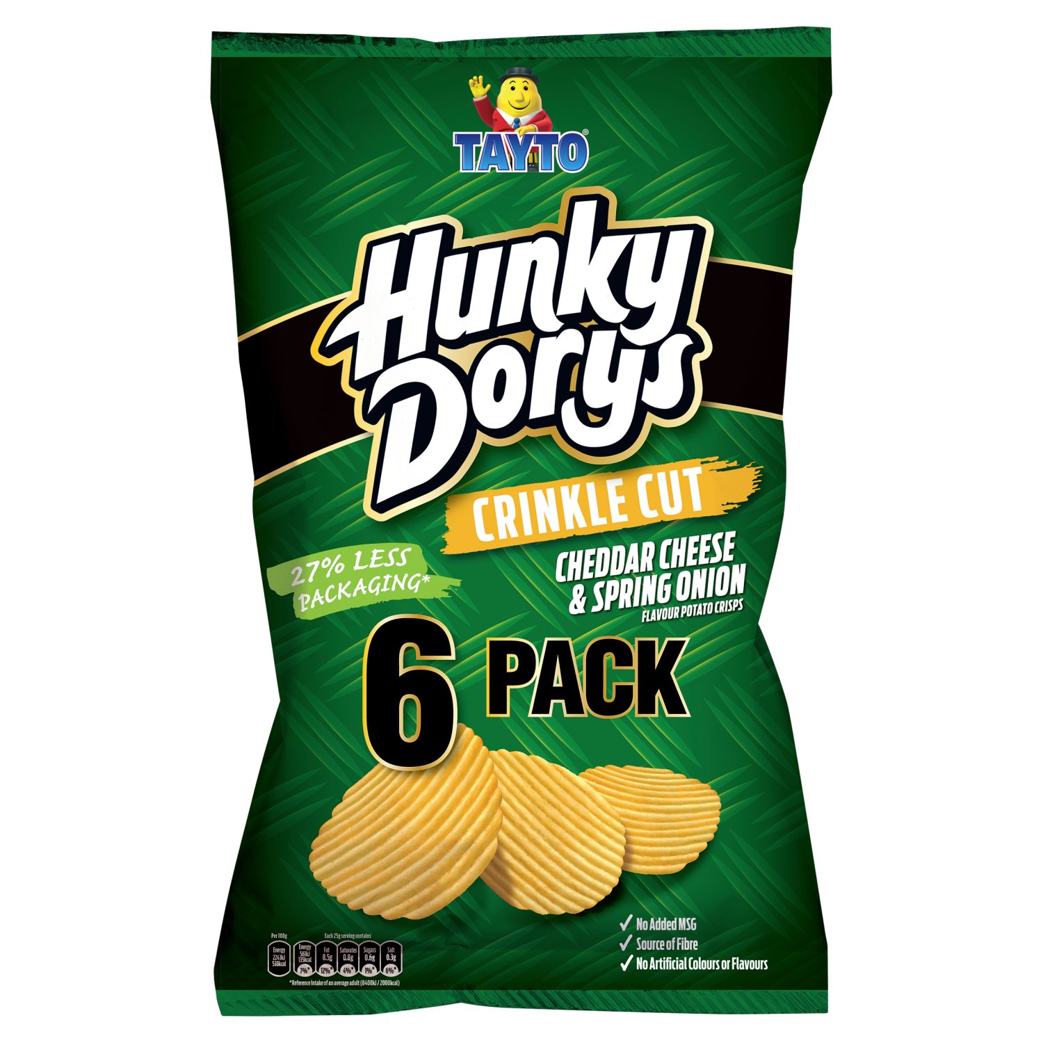 Tayto Hunky Dorys Crinkle Cut Cheddar Cheese & Spring Onion Crisps 6 Pack (25 g)