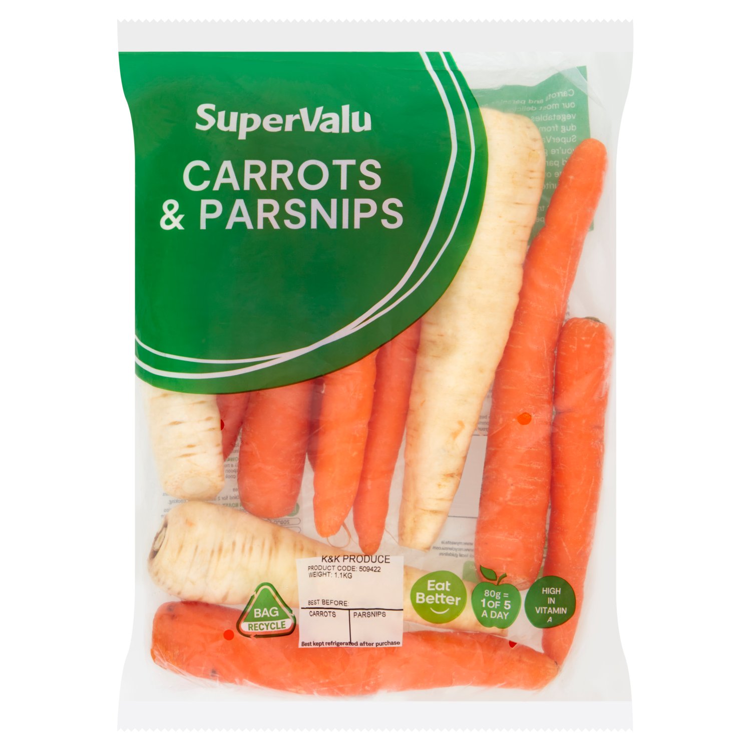 Carrots and parsnips are two of our most delicious and healthiest vegetables. And when they're dug from the ground and put on Supervalu's shelves, you know you're getting the freshest carrots and parsnip around. Perfect in a range of meals from stews to your favourite casserole or soups.

Vitamin A contributes to the maintenance of normal vision when consumed as part of a balanced diet and healthy lifestyle.

5 A Day
It is recommended that we eat at least 5 portions of fruit and vegetables everyday to maintain a healthy lifestyle. 80g equals one portion.