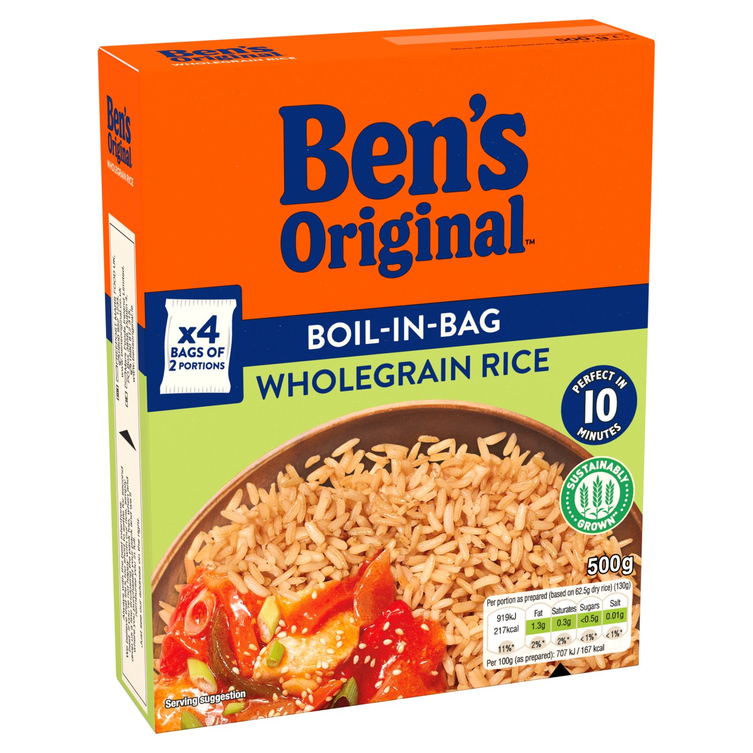 Ben´s Original™ Boil-in-Bag Wholegrain rice is simple and versatile; one of our classics. Our pre-measured boil in the bag rice portions keep every grain of rice fluffy and delicious, and it cooks in just 10 minutes for perfect rice in no time.

Ben´s Original™ Wholegrain rice helps you create a delicious and wholesome meal that can be enjoyed any day of the week. Why not try it with chilli con carne, in a colourful buddha bowl, or even something of your own imagination!

Packaging may vary.