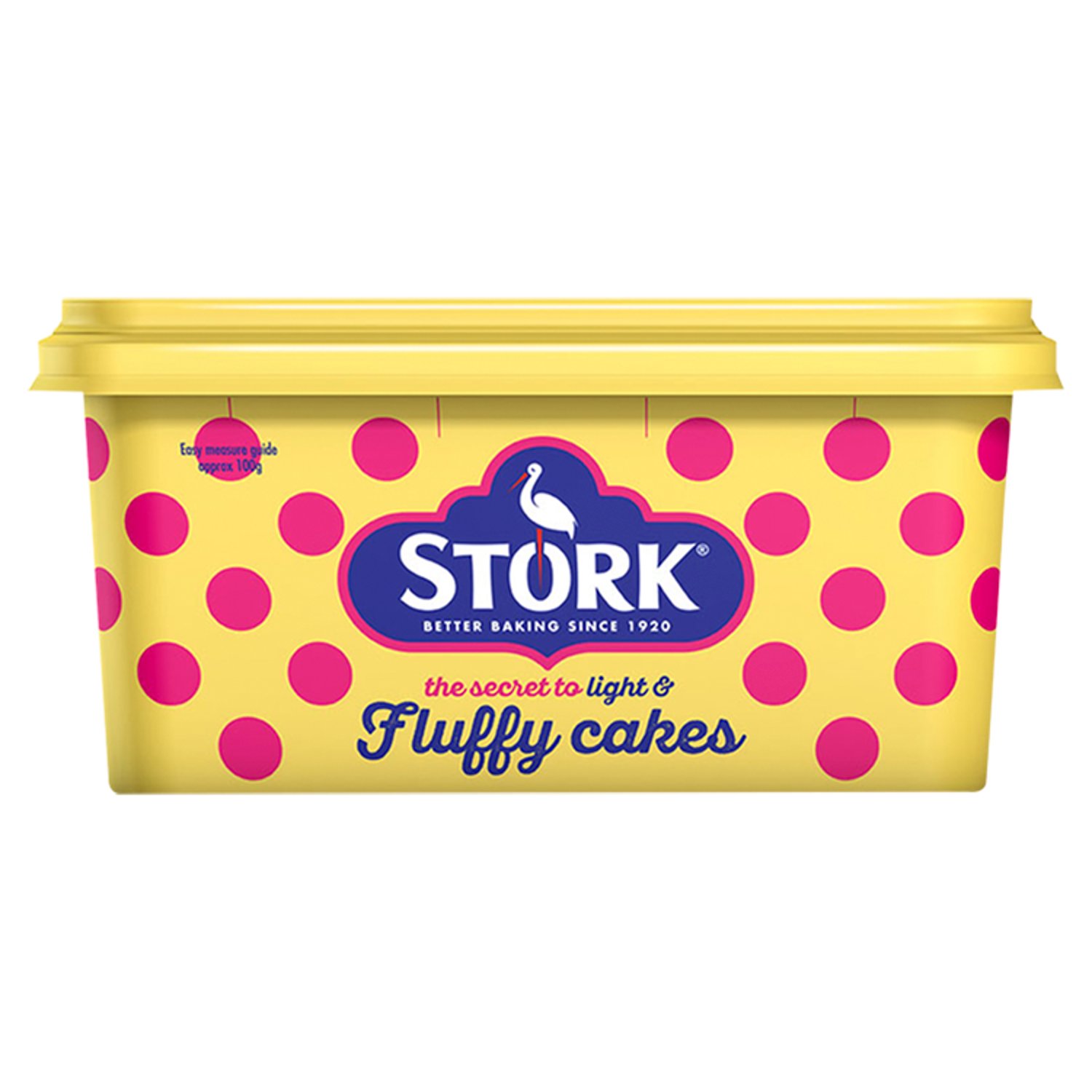 The Secret to Light and Fluffy Cakes.
Great for baking light, fluffy cakes, marvellous muffins, beautiful brownies and many delicious bakes.

Did You Know?
Stork contains 58% less saturated fat than butter