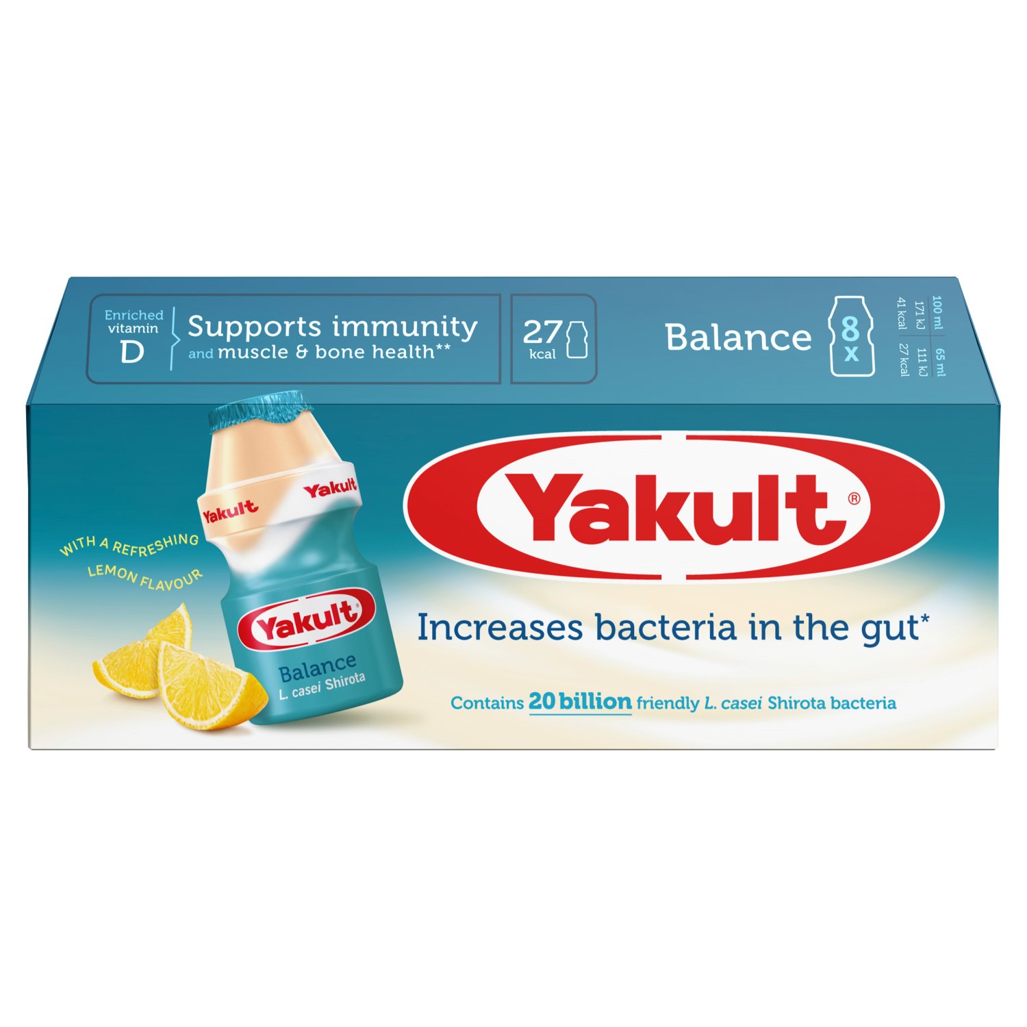 Enriched vitamin D supports immunity and muscle & bone health** 
** Vitamin D contributes to the normal function of the immune system and the maintenance of normal bones and muscle function. Each bottle of Yakult balance accounts for 15% of the EU reference intake for vitamin D.

Yakult balance contains 20 billion L. casei Shirota. These friendly bacteria are scientifically proven to reach the gut alive and increase the bacteria in the gut!*
*L. casei Shirota bacteria increase both the lactobacilli and bifidobacteria in the gut

Fewer Calories and reduced sugar***
*** Yakult balance contains 67% less sugar and 37% fewer calories than Yakult original.