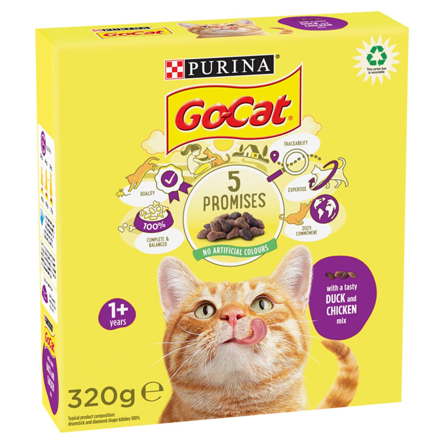 Go-Cat® 5 Promises. From the day you brought your cat home, you promised to care for him and feed him right everyday and help him to live a happy and healthy life. Go-Cat® is here to help you to fullfill your promise. With use of our experience and expertise, we do our utmost for you and for your cat to keep him happy and healthy.

5 promises because we care:
- Nutrition: 100% complete and balanced tasty nutrition for every day with quality protein for the cats' health and happiness
- Quality: over 1000 daily ingredient and production quality checkups
- Purina experts: developed by Purina nutritionists
- Trusted Suppliers: made with high quality ingredients carefully-selected from known and trusted suppliers
- Year 2025 commitment: our commitment is to have 100% of our packaging recyclable or reusable by year 2025

All our recipes have no artificial colourants, flavourings or preservatives