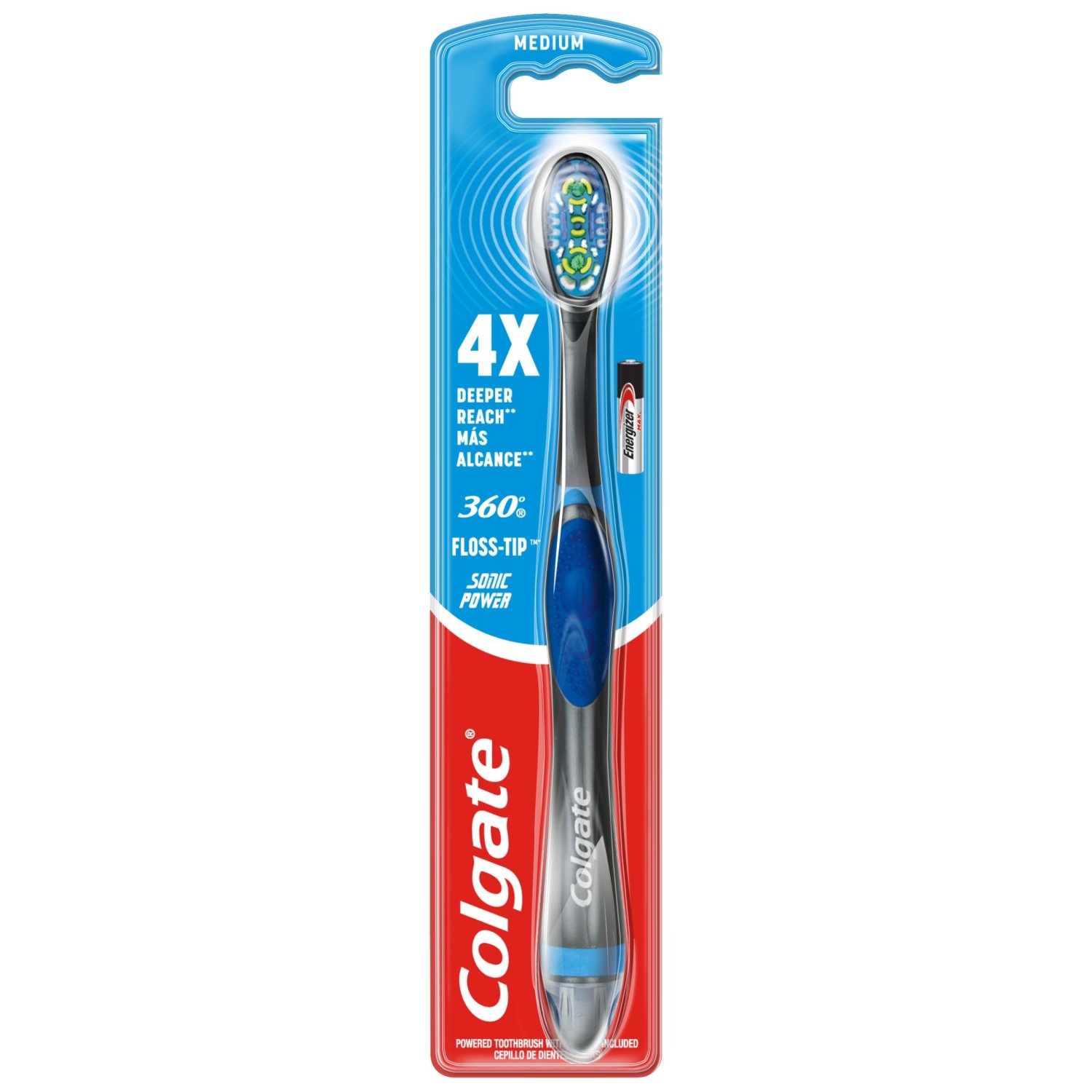 Enjoy a confident smile with the Colgate 360° Floss Tip Sonic Power Toothbrush. This battery toothbrush reaches 4x deeper below the gumline,* has an amazing 20,000 strokes a minute and a tongue and cheek cleaner**. * vs regular flat trim manual toothbrush **Cleans teeth, tongue, cheeks and gums