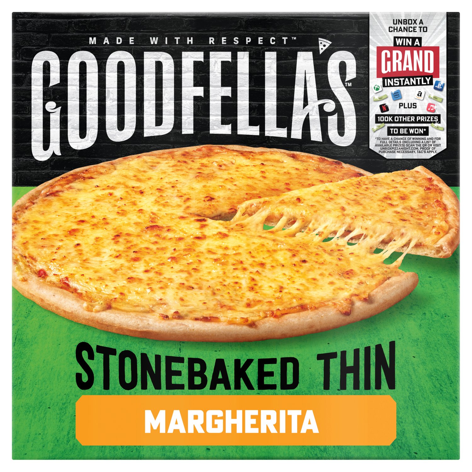 Introducing Goodfella's Stone Baked Thin Margherita Pizza, an unbeatable favourite you simply can't go wrong with.

Goodfella's traditional Italian margherita pizza is stone baked in the classic style until it has a thin and crispy base. It's then topped with rich tomato sauce and a delicious blend of mouth-watering cheeses - a frozen pizza that's absolutely 10 out of 10!

A frozen margherita pizza with a side of salad makes for an easy yet tasty dinner that always goes down a treat. Simply delicious.

Welcome to the Neighbourhood
Here at Goodfella's we are passionate about pizza, from the dough that has been rested, then baked on Italian stone for a crispy base to our signature tomato sauces.
Our pizzas are immediately frozen to lock in that great taste. This delicious Margherita Pizza is no exception! Italian American style pizza from the Goodfella's family.