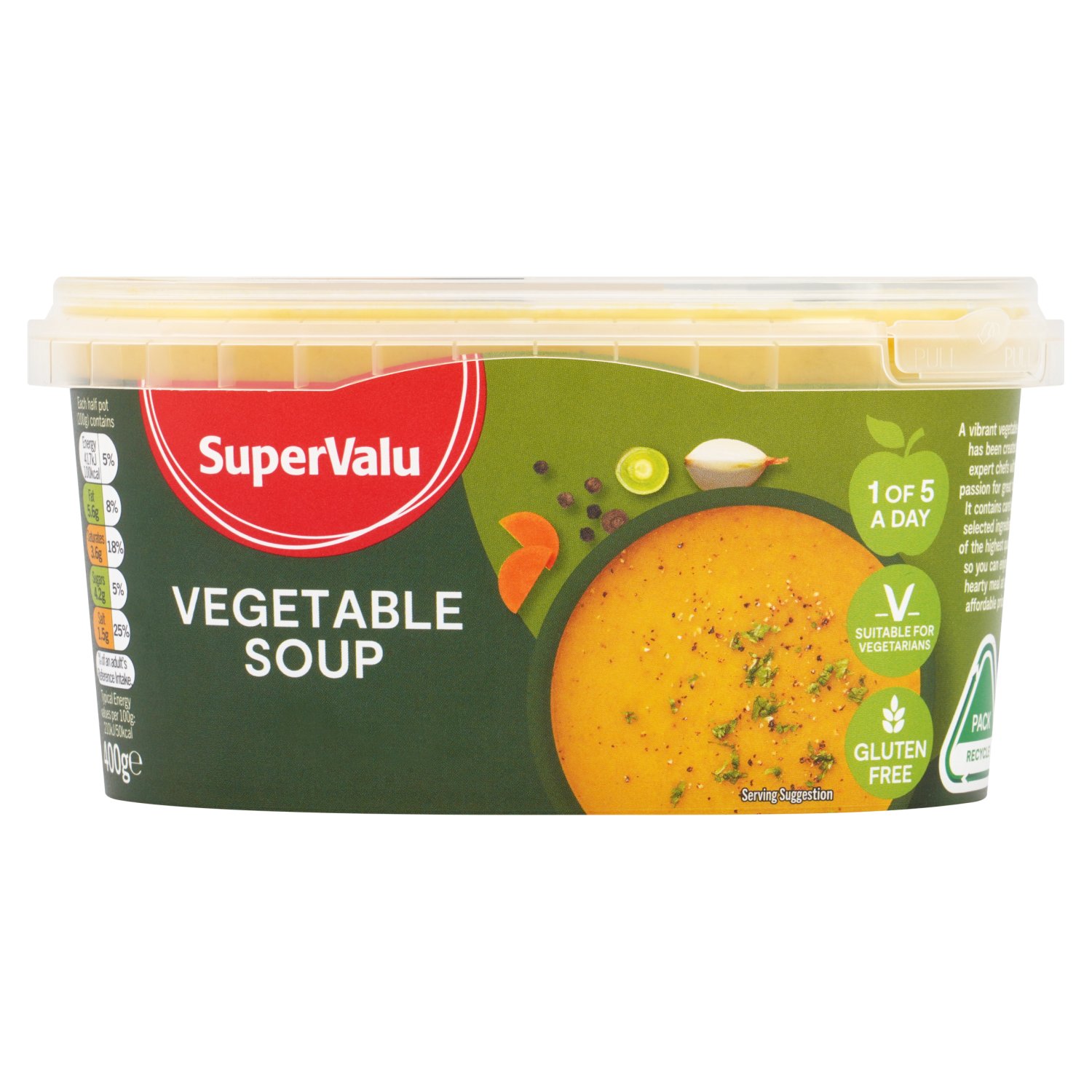 5 a day: It's recommended that we eat at least 5 portions of fruit and vegetables everyday to maintain a healthy lifestyle. 200g of SuperValu Vegetable Soup equals 1 of your 5 a day.

A vibrant vegetable soup has been created by expert chefs with a passion for great food. It contains carefully selected ingredients of the highest quality so you can enjoy a hearty meal at an affordable price.