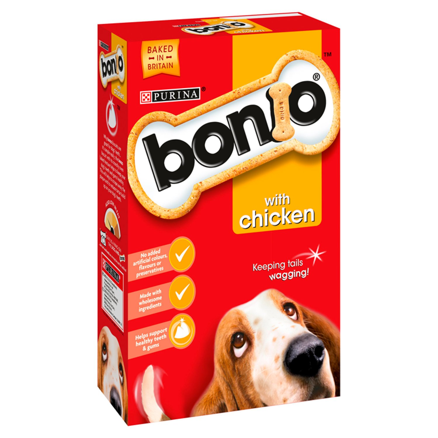 Complementary pet food for adult dogs.

Your dog won't be able to resist our mouth-watering tasty BONIO® Adult dog biscuits.

Traditionally and lovingly oven-baked, our delicious dog treats are the perfect snack morning, noon and night! Take them on your walk or play a game and hide them for your dog to find, whichever the way you treat your dog, we're sure he'll be happy!

We use carefully selected ingredients including wholegrains in our tasty BONIO® Adult dog biscuits to help keep him healthy and happy. Our BONIO® Adult dog biscuits also has the delicious taste of chicken to help get your dog's tail wagging!

A great way to help keep your dog's teeth healthy! The crunchy oven-baked texture helps reduce the build up of tartar and helps remove plaque.