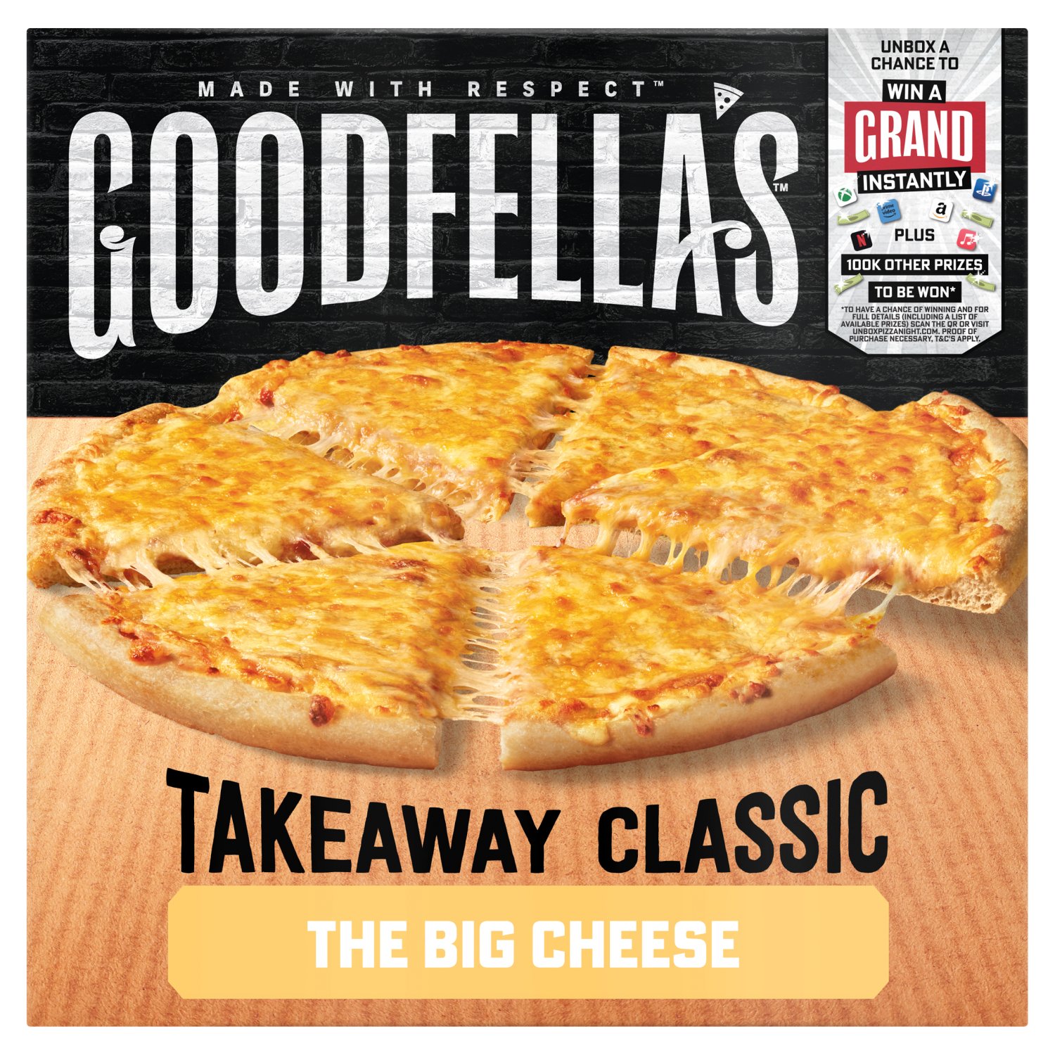 Introducing The Big Cheese Pizza - a takeaway classic that's all you could ever need. Packed with zesty, stretchy goodness, this three cheese pizza is hard to beat.

Goodfella's Cheese Pizza is stone baked for the perfect base, then topped with tomato sauce, and loaded with mouth-watering mozzarella, cheddar and red cheddar cheese.

Our takeaway pizzas are frozen quickly after baking to lock in the goodness. Simply put this frozen pizza in the oven and wait for a simple, easy dinner option the family will be excited for. More cheese? Yes please!

Welcome to the Neighbourhood
Here at Goodfella's we are passionate about pizza, from the dough that has been rested, then baked on Italian stone for a crispy base to our signature tomato sauces.
Our pizzas are immediately frozen to lock in that great taste.This delicious Takeaway Cheese Pizza is no exception! Italian American style pizza from the Goodfella's family.