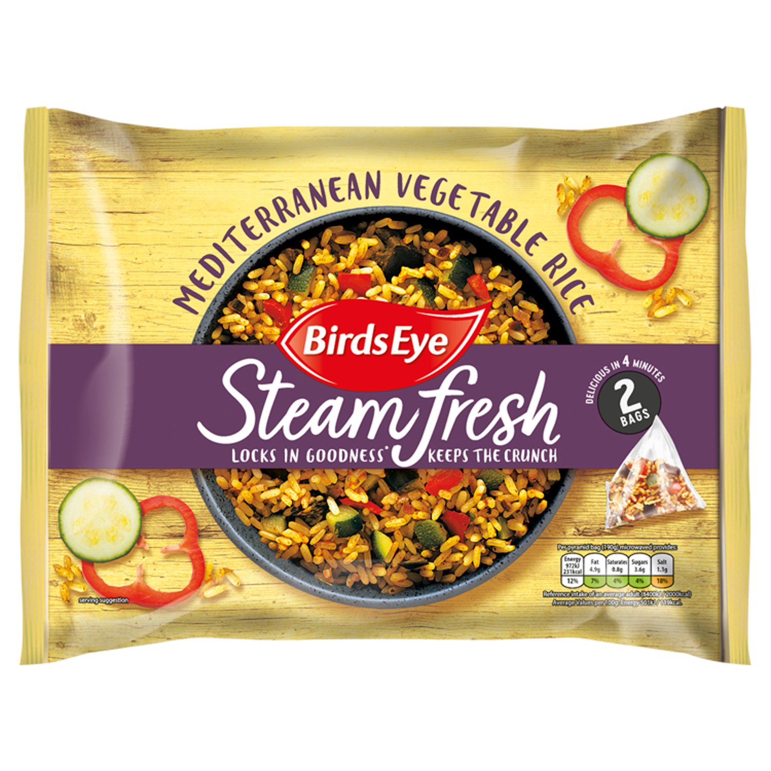 Looking to bring a little pizzazz to your weeknight dinners? Try something new with Birds Eye Steamfresh Mediterranean Vegetable Rice Steam Bags

Our Mediterranean vegetable rice contains courgette, red pepper, onion and grilled aubergines that are seasoned to perfection with garlic, basil and oregano. 

All of our Birds Eye vegetable rice is steamed in our unique pyramid steam bags and turned into frozen rice, allowing the flavours to infuse gently for an unbelievably tasty rice dish in minutes. You may just have found the perfect accompaniment to your weeknight dinners with this microwavable rice...

Each portion is a source of vitamin C* and low in fat. Hello, nutritious, yummy, vibrant vegetable-rich rice sides!
*Vitamin C contributes to the normal function of the immune system.