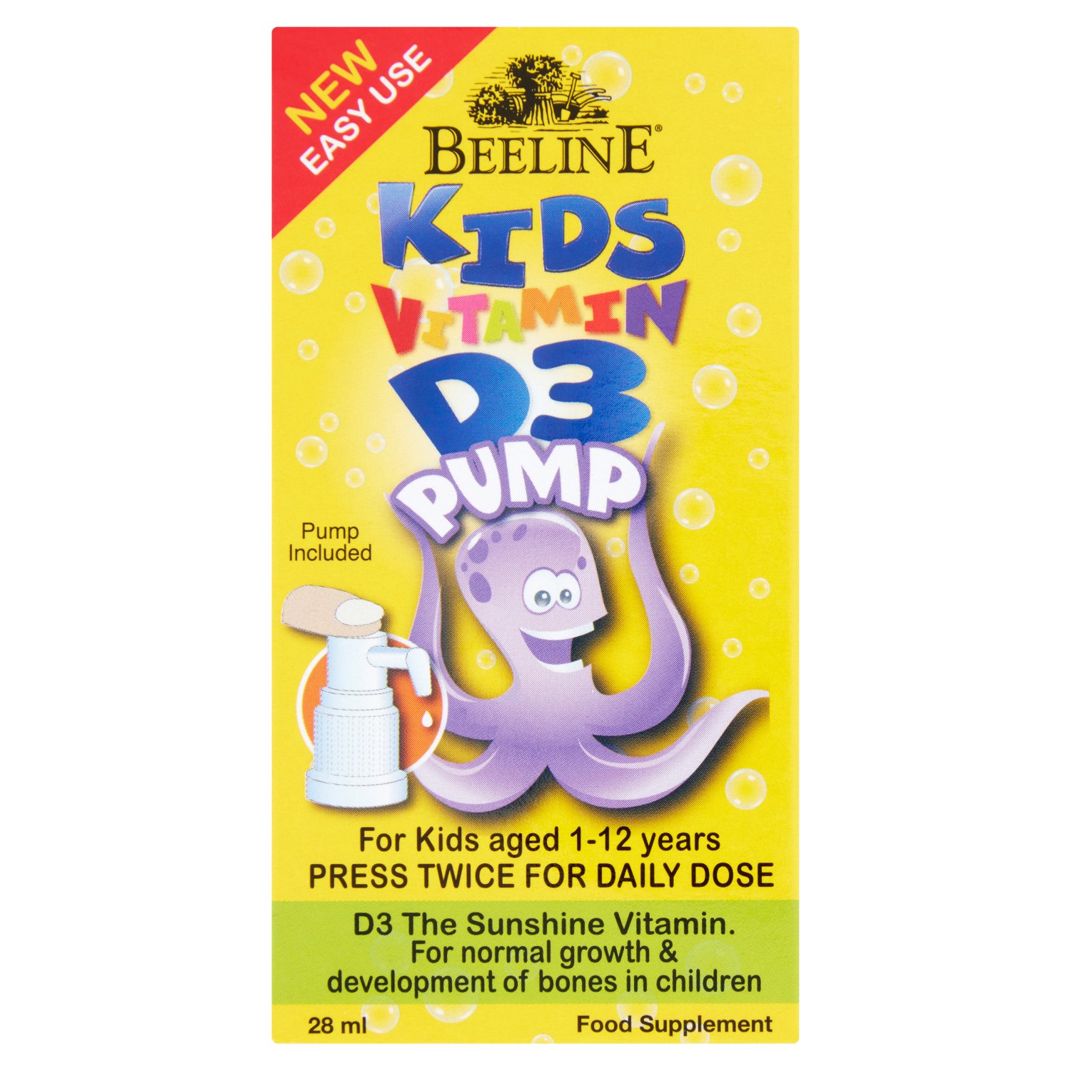 Food Supplement

D3 The Sunshine Vitamin.
For normal growth & development of bones in children

Beeline Kids Vitamin D3 pump has been designed specifically for children aged 1-12 years. Vitamin D is made in the skin by sunshine. In Ireland and the U.K sunshine is less available especially in winter so little Vitamin D is produced. As kids should not be exposed to excessive sunshine Beeline Vitamin D3 is a great way to ensure your child gets the Vitamin D3 it needs.