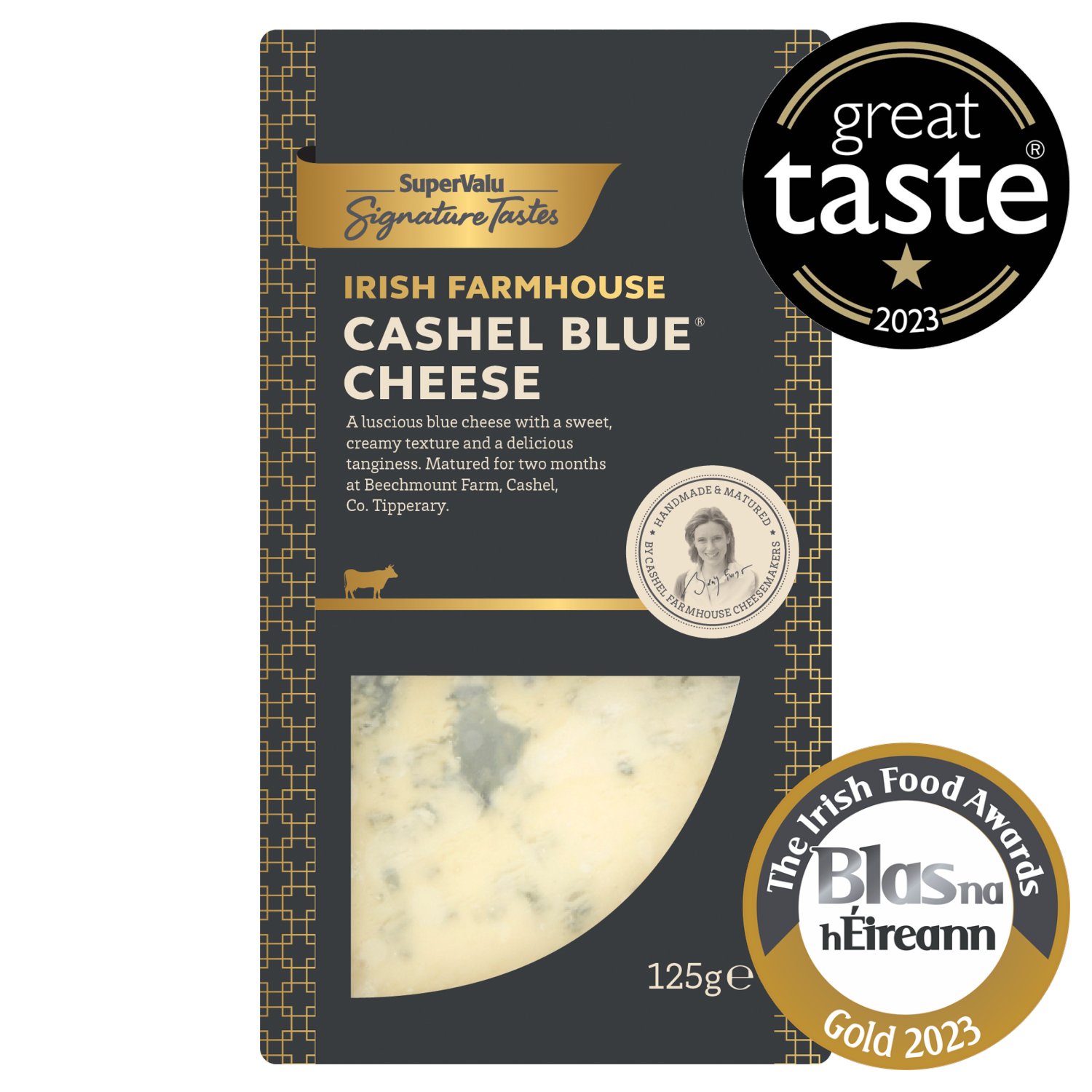 A luscious blue cheese with a sweet, creamy texture and a delicious tanginess. Matured for two months at Beechmount Farm, Cashel, Co. Tipperary.
