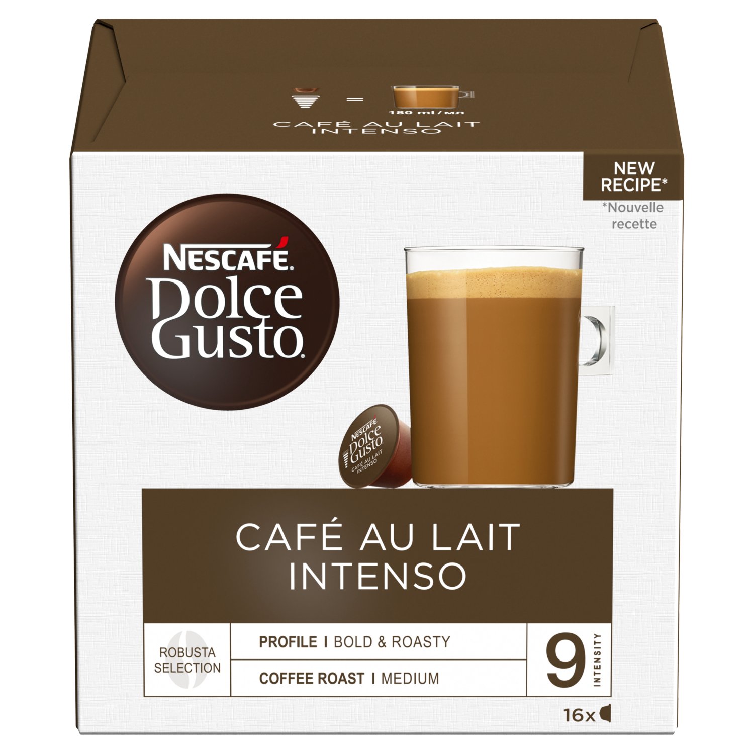 Discover NESCAFÉ® Dolce Gusto® Café au Lait, a harmonious balance of intense coffee and smooth milk, already prepared in a single capsule, for you to enjoy perfect mug-sized coffee (180 ml) in a minute.

The box contains 16 capsules designed for NESCAFÉ® Dolce Gusto®' capsule coffee machines for you to prepare 16 mugs of Café au Lait.