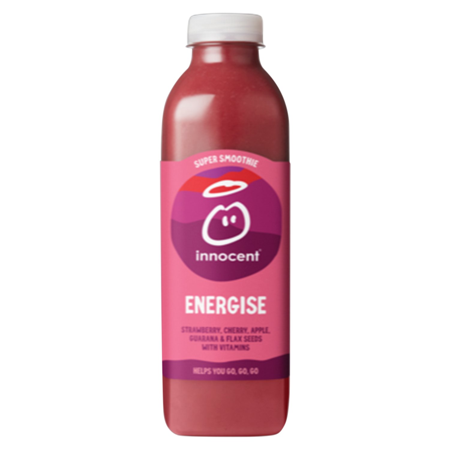 innocent Energise Strawberry & Cherry Super Smoothie is a blend of crushed fruit and vegetables, pure juices, milled seeds, botanicals and vitamins, making it the perfect snack for when you need a pick me up or boost. No added sugar.*

This nourishing smoothie is high in vitamins B1, B2, B3 and B6 which can contribute to normal energy yielding metabolism, and vitamin C which can help reduce tiredness and fatigue. 

It includes 3 1/2 pressed apples (50%), 33 pressed red and white grapes, 1 1/2 mashed bananas, 7 crushed strawberries (10%), 34 crushed blackcurrants, 7 crushed cherries (3.3%), a splash of pressed beetroot, some milled flax seeds, some vitamins (B1, B2, B3, B6, C & E) and a dash of guarana infusion.

Suitable for vegans and pasteurised.

Keep refrigerated 0-8°C before and after opening. Once opened, drink within 4 days. 

The bottle is 100% recyclable, so please recycle when you're finished. We use partly recycled and fully recyclable bottles, refuse to air freight and source ethically

10% of our profits go to charity. See https://www.innocentdrinks.co.uk/things-we-do-for-people

*Contains naturally occurring sugars from fruit & veg. 