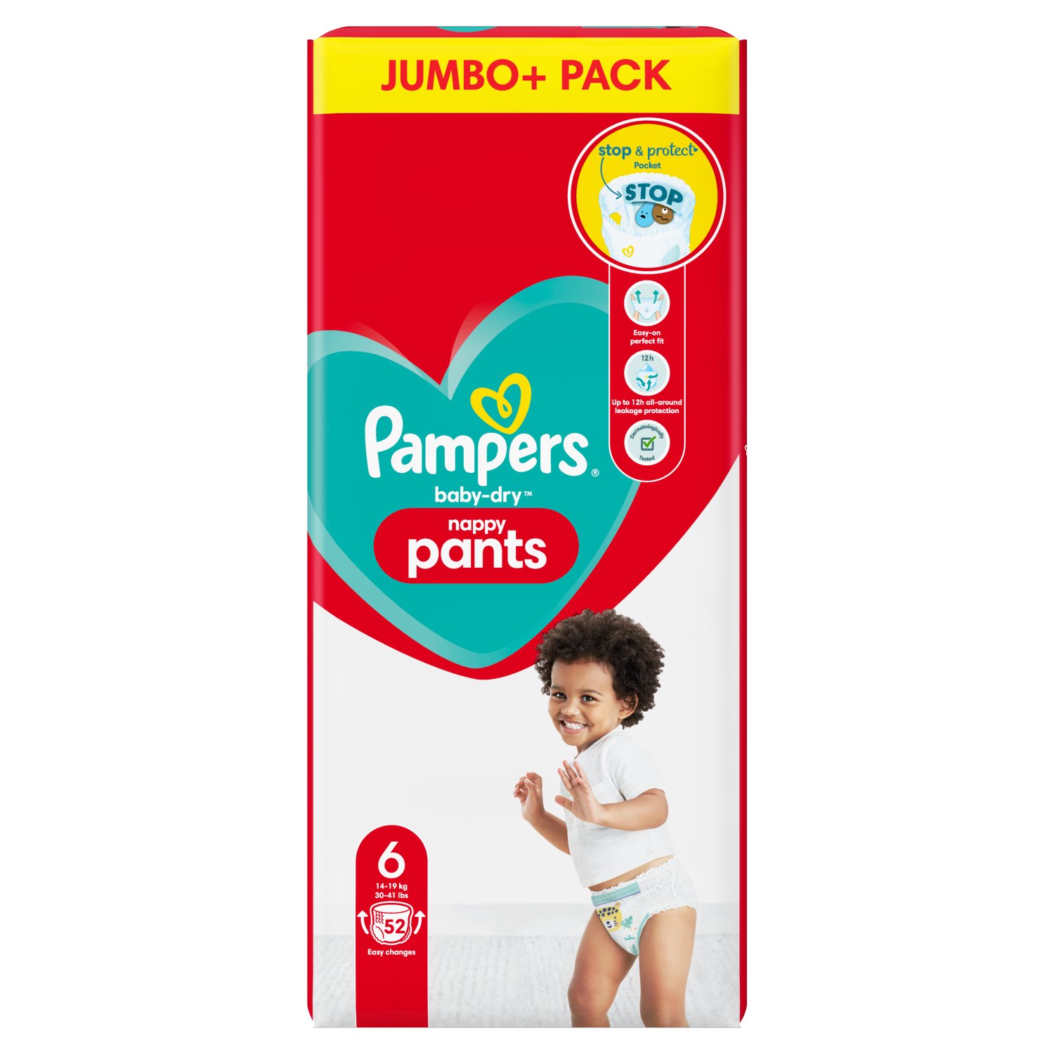 Pampers Baby-Dry Nappy Pants is the only nappy in the UK with STOP & PROTECT POCKET that combined with pants’ 360° Fit provides up to 12h of all-around leakage protection. They also have a super absorbent core that absorbs wetness instantly and double leg cuffs that help prevent leaks around the legs. When your baby starts to wriggle during changing time, Pampers Baby-Dry Nappy Pants are easy to change: with their flexible all-around waistband it’s just one pull to put on. Tear the sides for easy removal, roll up and secure with the tape for easy disposal. Just like you, Pampers put your baby’s safety first: Pampers Baby-Dry Nappy Pants are dermatologically tested and contain 0% EU perfume allergens (as regulated in the EU Cosmetics Regulation No 1223/2009). They are approved by the dermatologists of the Skin Health Alliance and tested and certified according to Standard 100 by Oekotex. Want to know more about the components ? Visit pampers.co.uk Use with Pampers Baby Wipes.