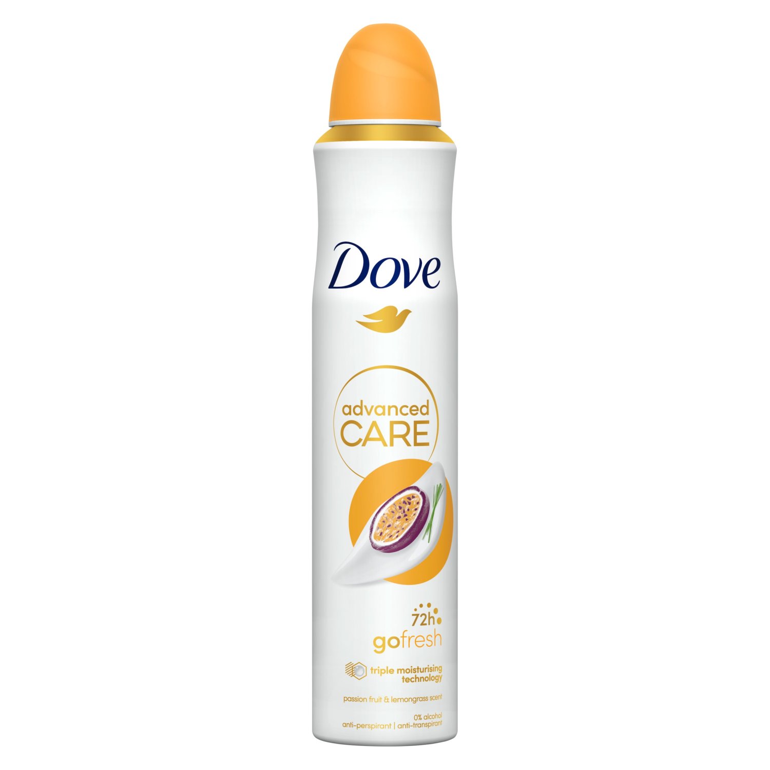 New Dove Advanced Care, our most caring antiperspirant range with triple moisturising technology. Effective 72h protection, kind to skin, even after shaving.

1. Dove Advanced Care Go Fresh Passion Fruit & Lemongrass Scent Anti-perspirant Deodorant Spray features an alcohol-free, kind-to-skin formula
2. This Go Fresh deodorant gives up to 72 hours of protection against sweat and odour
3. This aerosol features Triple Moisturising technology that retains moisture deep within your skin
4. Featuring Dove's most advanced formula, this anti-perspirant deodorant delivers superior skin care
5. With its tropical scent, just one spray of this anti-perspirant will whisk you away to an idyllic island
6. Globally, Dove deodorant is not tested on animals and is certified as cruelty-free by PETA

Caring for your underarms is an important part of any skin care routine. With Dove Advanced Care Go Fresh Passion Fruit & Lemongrass Scent Anti-perspirant Deodorant Spray, you can give your skin the care it deserves, while feeling fresh with 72-hour protection from odour and sweat. Featuring a fragrance combination of sweet passion fruit & zesty lemongrass, this aerosol will kick-start your day and keep you feeling energised and beautifully confident wherever you go.

This moisturising deodorant is infused with our revolutionary Triple Moisturising technology, featuring moisturising agents that work like water magnets to draw in moisture, as well as premium caring ingredients that deliver softer, smoother underarm skin. With the utmost care, this moisturising deodorant boosts your skin and helps to reduce underarm irritation caused by shaving.

To experience the freshness of the exotic passion fruit and lemongrass fragrance, hold this anti-perspirant deodorant approximately 15 cm away from your skin and spray for one to two seconds on each underarm.

Dove Advanced Care Go Fresh Passion Fruit & Lemongrass Scent Anti-perspirant Spray comes in a 100% recyclable metal can that's made with 25% recycled aluminium, which is infinitely recyclable, so you can care for your skin and the planet.