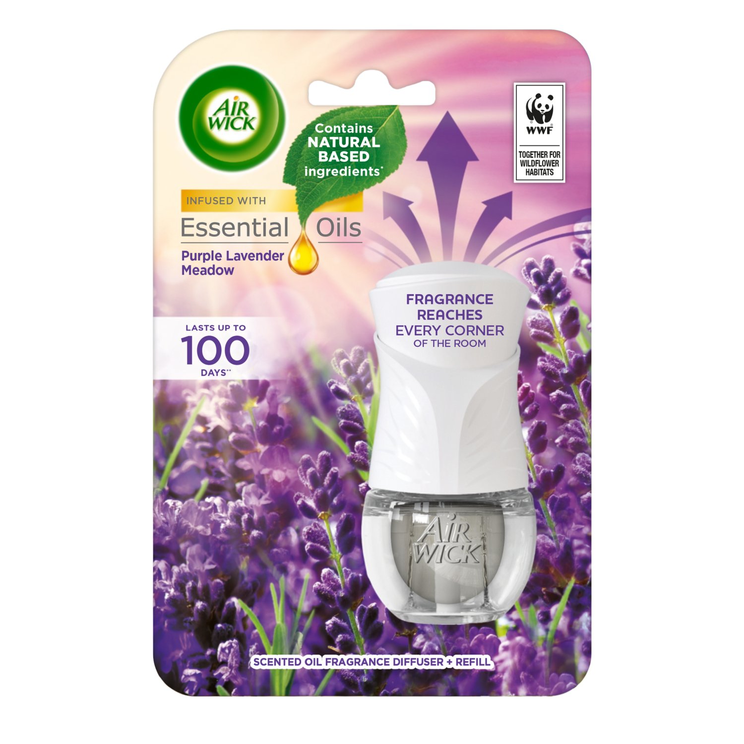 Our Air Wick plug in air fresheners contain natural-based ingredients and are infused with Natural Essential Oils. Our fragrances beautifully blend with your home décor to fill  your living room with long lasting fragrance for up to 100 days based on lowest setting. Air Wick is a proud partner of WWF UK, working to restore UK wildflower habitats. Air Wick is raising £400,000 per year for WWF-UK for wildflowers conservation projects (WWF-UK Trading Ltd pays all taxable profits to WWF-UK charity registered in England & Wales 1081247, Scotland SC039593). Air Freshener. Airwick.
