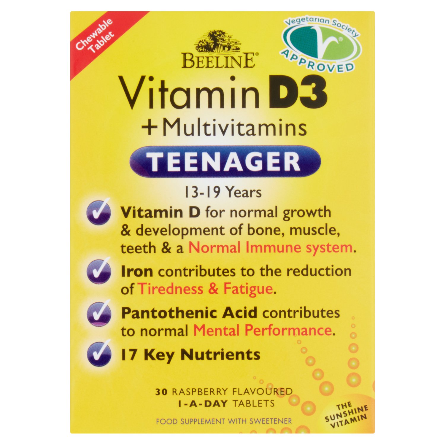 Vitamin D for normal growth & development of bone, muscle, teeth & a normal immune system.
Iron contributes to the reduction of tiredness & fatigue.
Pantothenic Acid contributes to normal mental performance.

Beeline Teenager is a tailored supplement to help support the nutritional needs of Teenagers. Beeline Teenager is designed to help support your physical and mental capacity via key nutrients helping you to get the most out of life by providing fuel for mind and body

Key Benefits
Reduction in tiredness and fatigue.
Vitamins B3, B6, B12 & iron contribute to the reduction of tiredness and fatigue and help you perform at your best.
Energy levels B Vitamins & Iron support normal energy levels.
Iron, Zinc & Pantothenic Acid contribute to normal cognitive function.
Immune Defence Vitamin C & D and Zinc contribute to the normal function of the immune system.
Bone Health Calcium & Vitamin D contribute to the maintenance of normal bones & teeth.
Skin, Hair and Nails Vitamins A, B2 & B3 contribute to the maintenance of normal skin. Zinc & Selenium contribute to the maintenance of normal hair & nails.
Heart and Blood Vitamin B1 contributes to the normal function of the heart. Iron and Vitamin B12 contribute to normal red blood cell formation.