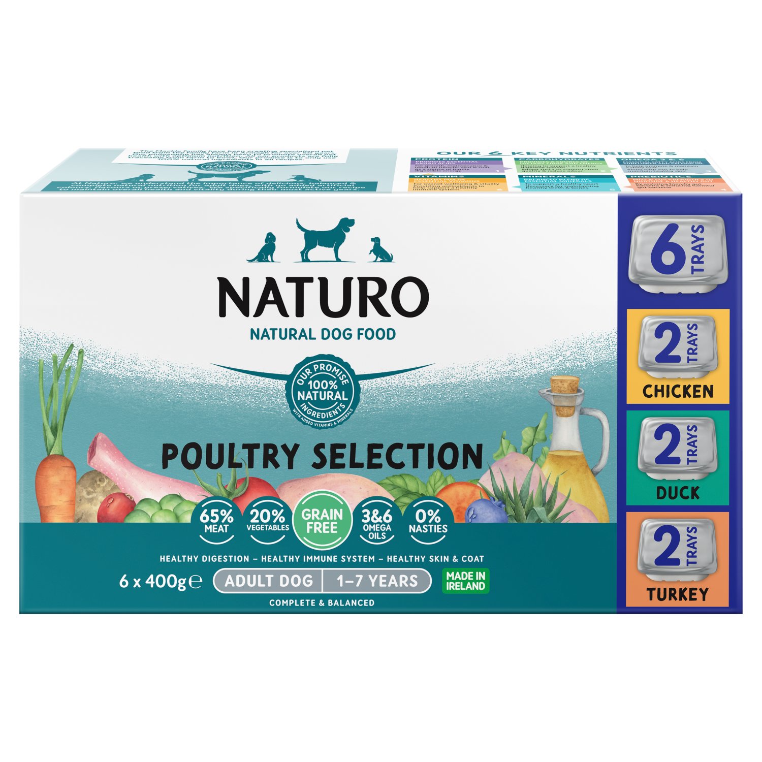 Naturo is a complete pet food for adult dogs.

The Essential Mix: We combine the key food groups to create a natural and nutritious meal for your dog that is formulated to support their health and well-being through all life stages.

Essential Proteins
Packed full of essential amino acids provided from quality and palatable Chicken, Duck & Turkey to help promote muscle growth and repair.

Fibre & Carbohydrates
Our range of natural Vegetables provides a highly digestible source of carbohydrates for delivering energy and dietary fibre for supporting a healthy digestive system.

Vitamins & Minerals
Balanced blend of all the essential vitamins and minerals required, including vitamins A, D & E and calcium to support the immune system, strong teeth and bones.

Fats & Oils
Omega 3 & 6*
*Contains Sunflower and Salmon oils providing Omega 3 and 6 fatty acids to help maintain healthy skin and promote a shiny coat.