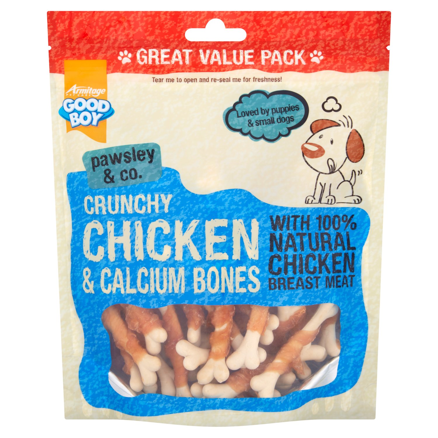 Making dogs' tails waggle is second nature at Good Boy pawsley & co. We produce really exciting, yummy treats to keep your dog happy as well as entertained.

These Crunchy Chicken and Calcium Bones are made with super duper tasty 100% natural chicken breast meat so are sure to become one of your dog's favourite treats. 

Lovingly packed in a handy, re-sealable bag, as well as being lip smackingly tasty they are full of natural goodness too as they are;

Made with 100% natural human grade chicken breast meat
Only 1% fat 
Wheat and cereal free - ideal for sensitive tummies
Contain no artificial nasties such as colours or flavours 
With calcium to promote healthy teeth and bones

What's more, the crunchy texture also makes these tasty little treats great for your dog's dental hygiene. Its simple really, all dogs like to chew - it's a natural instinct. Chewing can not only provide your dog with stimulation but more importantly it may help reduce the risk of gum disease and tooth loss by help keep your dog's jaws strong and teeth clean.

What's not to love?