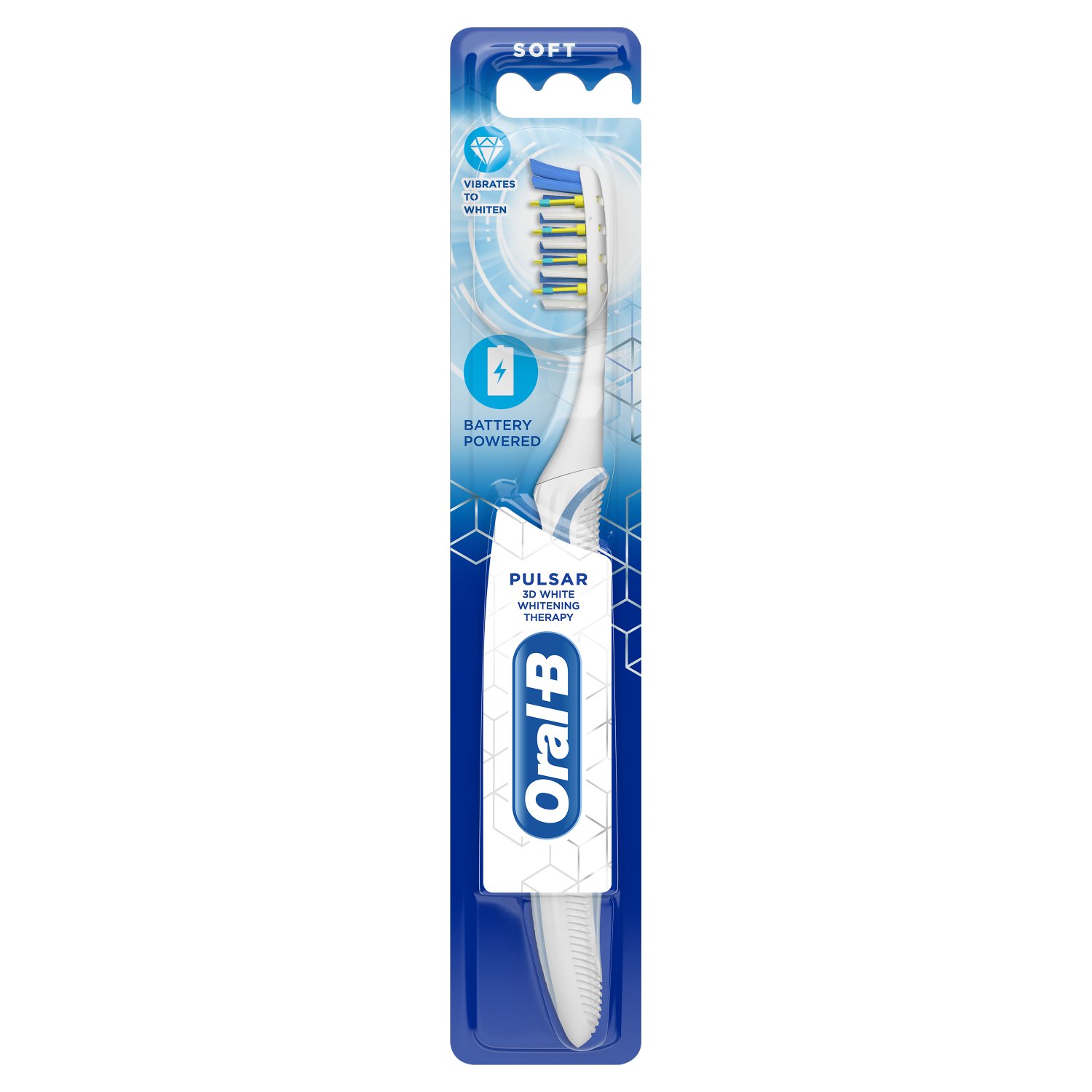 Oral-B Pulsar 3D White Whitening Therapy battery toothbrush gives you the control of a regular manual brush and soflty brightens your teeth. The brush softly whitens teeth in 1 week by removing surface stains. It removes stains on teeth, between teeth and along the gumline.
