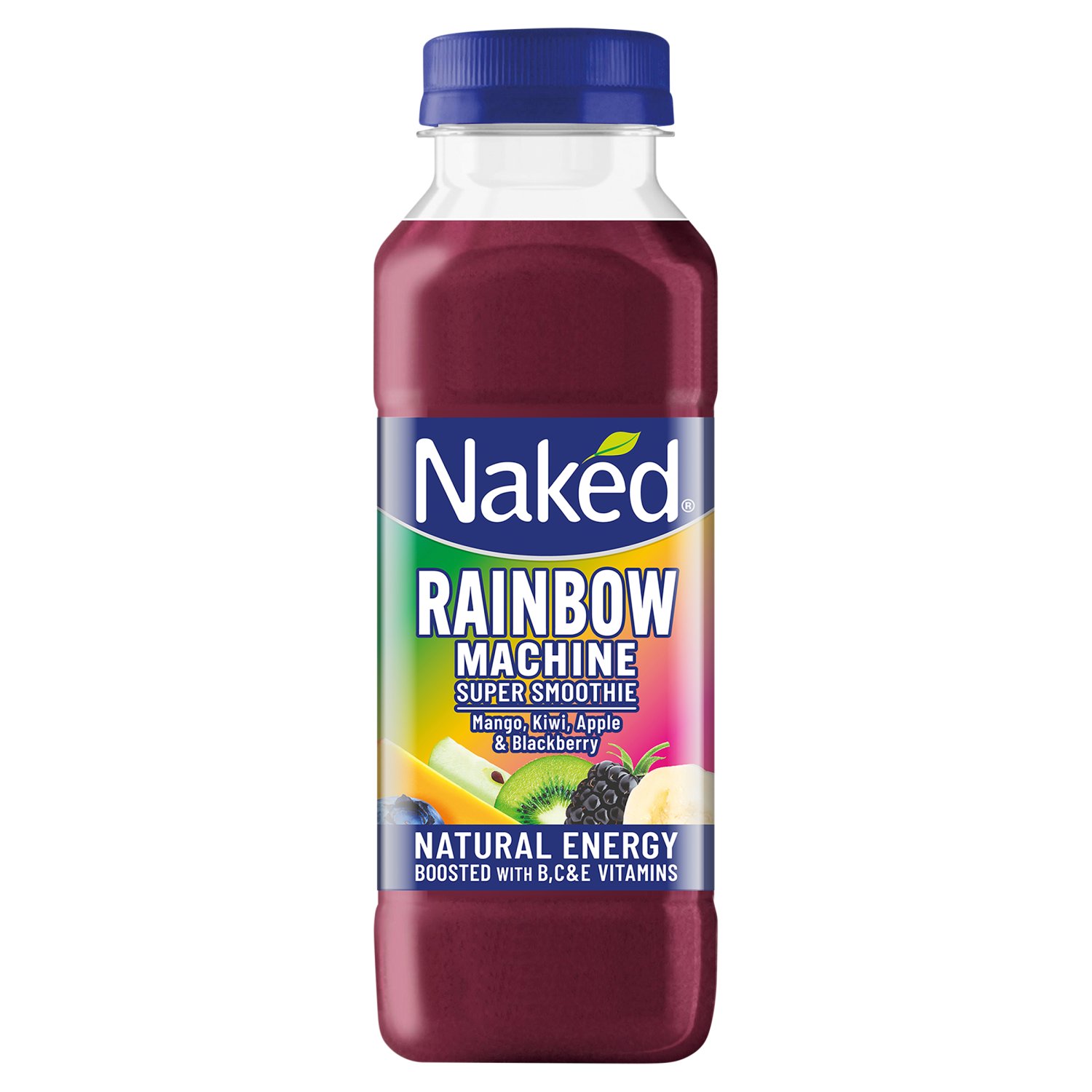A Rainbow of Fruit to boost your day with the Rainbow Machine Super Smoothie. 

This super smoothie is packed with an explosion of flavour from  1 3/4 apples, 1 banana, 1/5 kiwi, 29 blueberries, 3 1/2 blackberries, 1/3 beetroot, a slice of mango, a hint of elderberry per bottle.

Boosted with vitamins. Contains Vitamins C, B1, B2, B6, & E.
Vitamin B2 (riboflavin) contributes to the reduction of tiredness and fatigue. Vitamin B6 contributes to the normal function of the immune system.