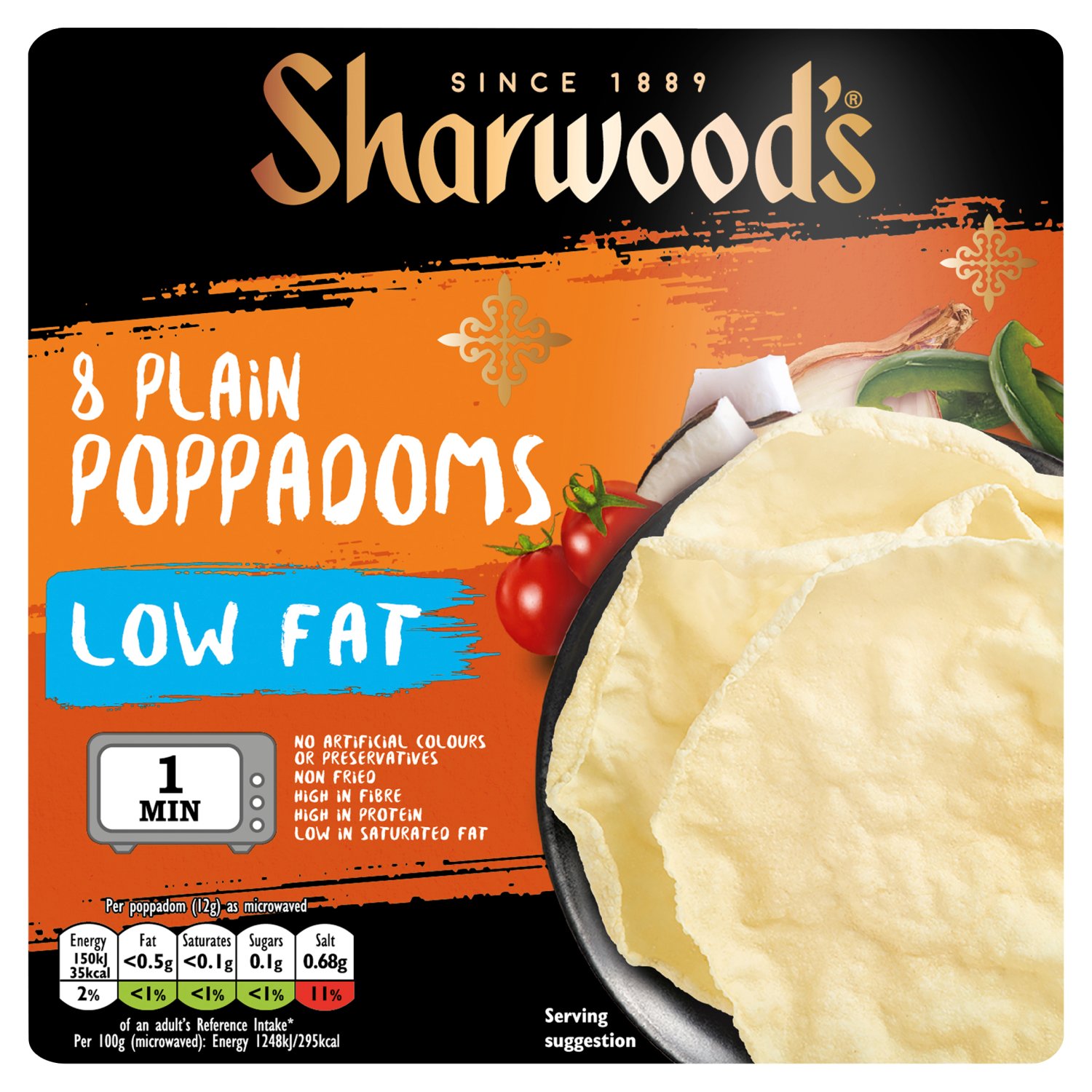 Sharwood's Plain Low Fat Poppadoms 8 Pack (94 g)