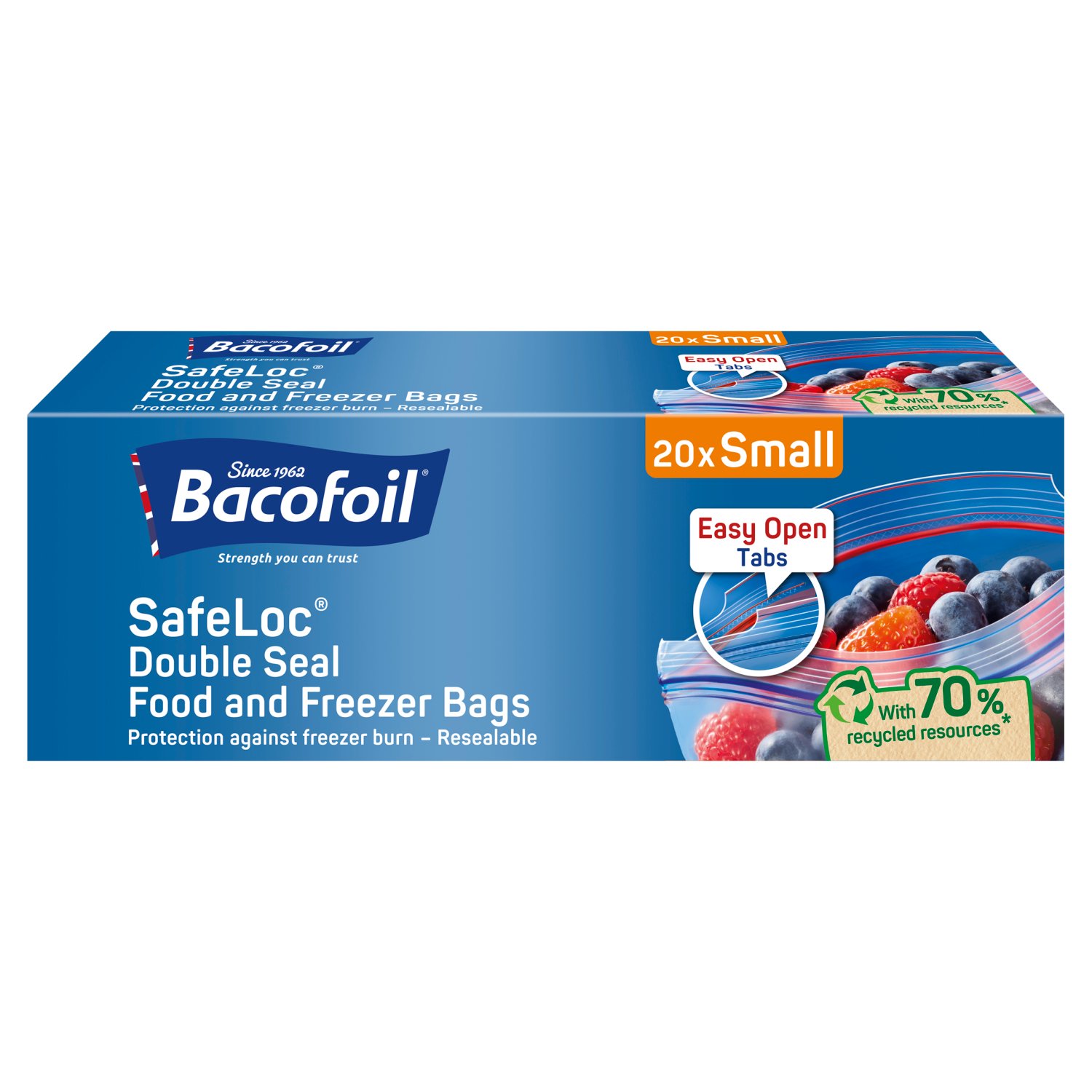 Bacofoil® SafeLoc® Double Seal Food and Freezer Bags with Easy Open tabs are a perfect addition to the kitchen for storing and freezing food. The bag’s integrated SafeLoc ® closure is simple to open and safe to re-close, allowing for easy portioning and secure protection of food – a must have in any household. Our Bacofoil® SafeLoc® Bags are now manufactured with 70% recycled and renewable raw materials! a key milestone on our journey to becoming a part of a circular economy.

Able to withstand temperatures from -40o to +90o they are ideal for households wanting to cook, store and freeze in large quantities. The Bacofoil® SafeLoc® Double Seal Bags also have a stand alone base making them easier to fill and are made from extra thick film to prevent leakages, tearing and Freezer burn.