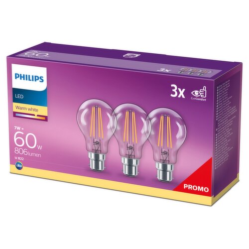 Philips LED 60W B22 Warm White Light Bulbs 3 Pack  (3 Piece)