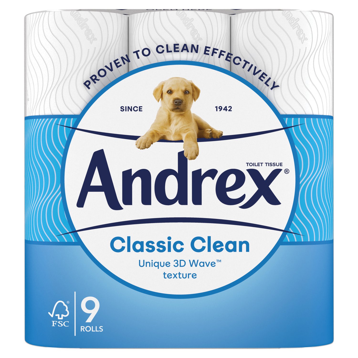 Andrex® wants you to feel clean and confident every day. Each sheet of Andrex® Classic Clean Toilet Tissue features our unique 3D Wave™ texture that is proven to clean effectively, giving you a better clean with fewer sheets.
Every pack of Andrex® Classic Clean Toilet Tissue is made using at least 30% recycled plastic and is still 100% recyclable. Visit our website to find out more about our 2030 sustainability mission and how we are leaving a greener pawprint.
Use Andrex® Toilet Tissue and Andrex® Washlets™ Moist Toilet Tissue for all day freshness†.
*compared with previous Andrex® Classic Clean †vs. using Dry Bath Tissue alone.

Use Andrex® Toilet Tissue and Andrex® Washlets™ Moist Toilet Tissue for all day freshness* (*vs. using Dry Bath Tissue alone)