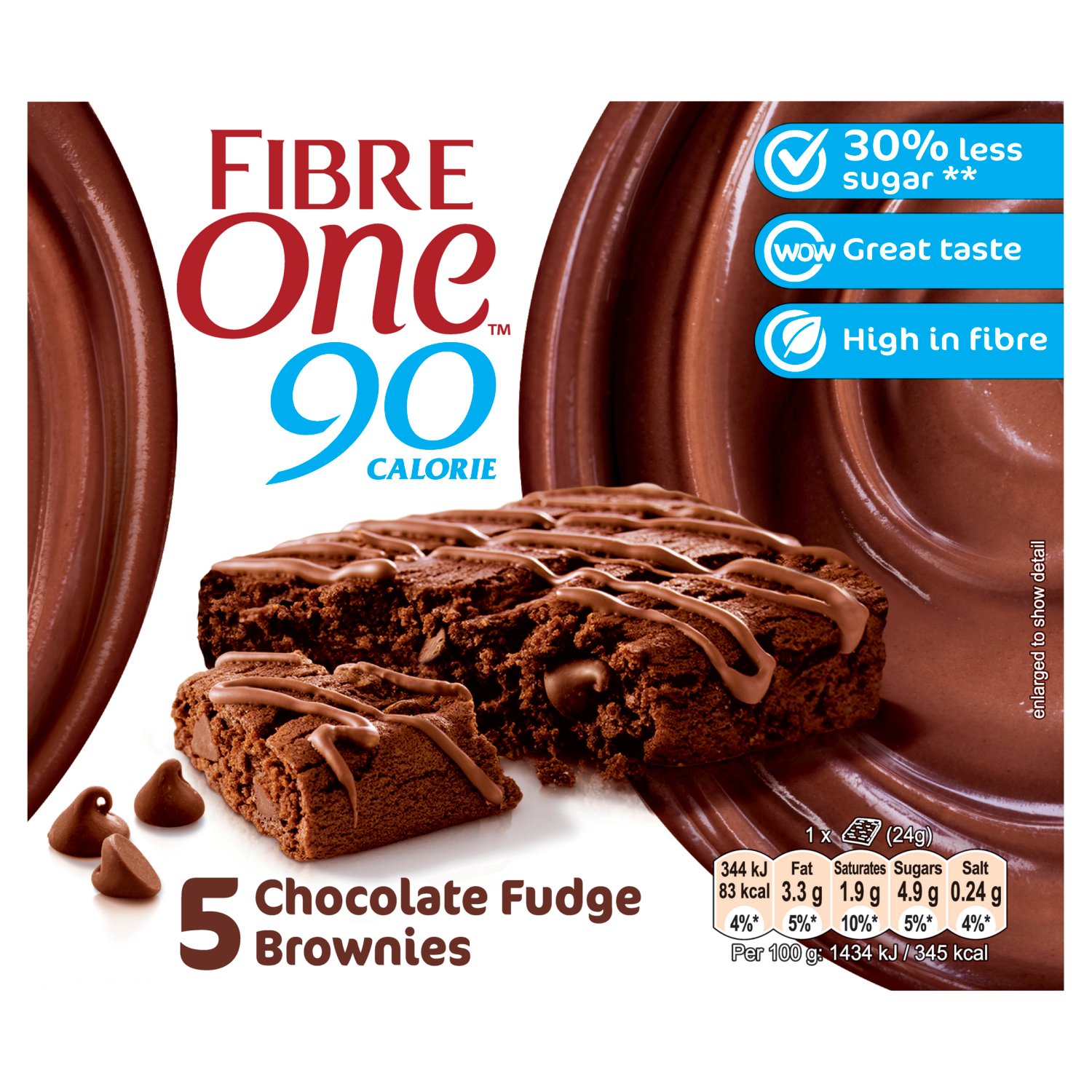 30% less sugar **

Have What You Crave!
Treat yourself to the indulgence of Fibre One Chocolate Fudge Brownies. They taste irresistably great that it's hard to believe each bar is a 90-calorie treat. When sweet cravings strike, you're always just a bite away from a guilt-free slice of heaven. 30% less sugar & fat **, 100% oh-my-gosh-that's delicious. With Fibre One, you can have your cake and eat it too!

**Fibre One 90 Calorie Chocolate Fudge Brownies contains at least 30% more fibre and 30% less sugar & fat than average UK brownies, November 2020.