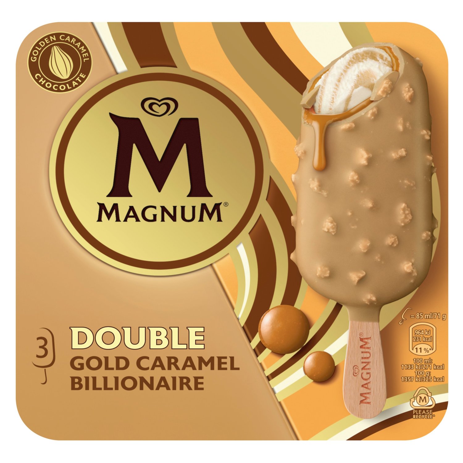 Magnum Double Gold Caramel Billionaire Ice Creams 3 Pack (255 ml)