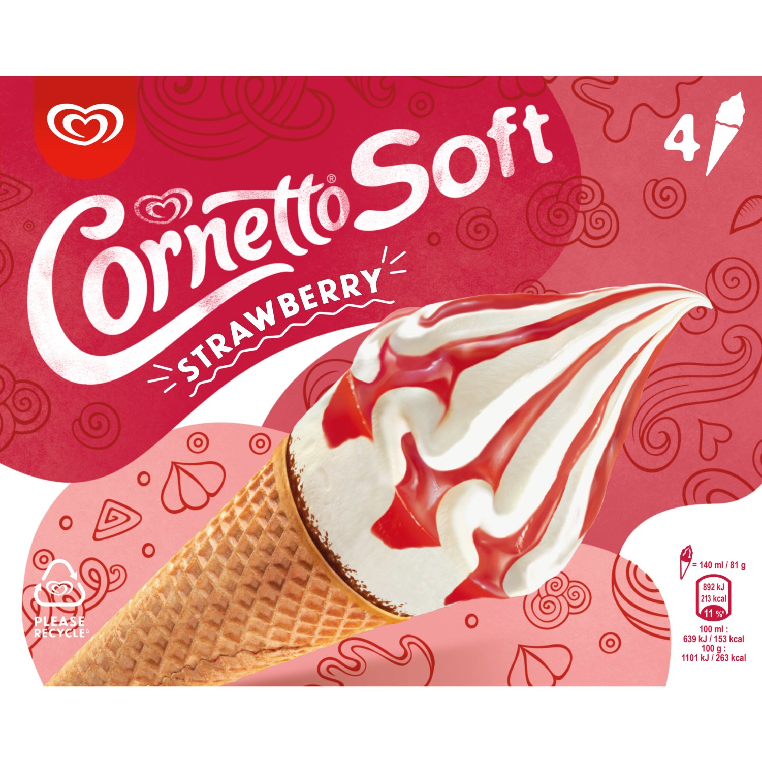 Cornetto Soft Strawberry Ice Cream Cones 4 Pack (560 ml)