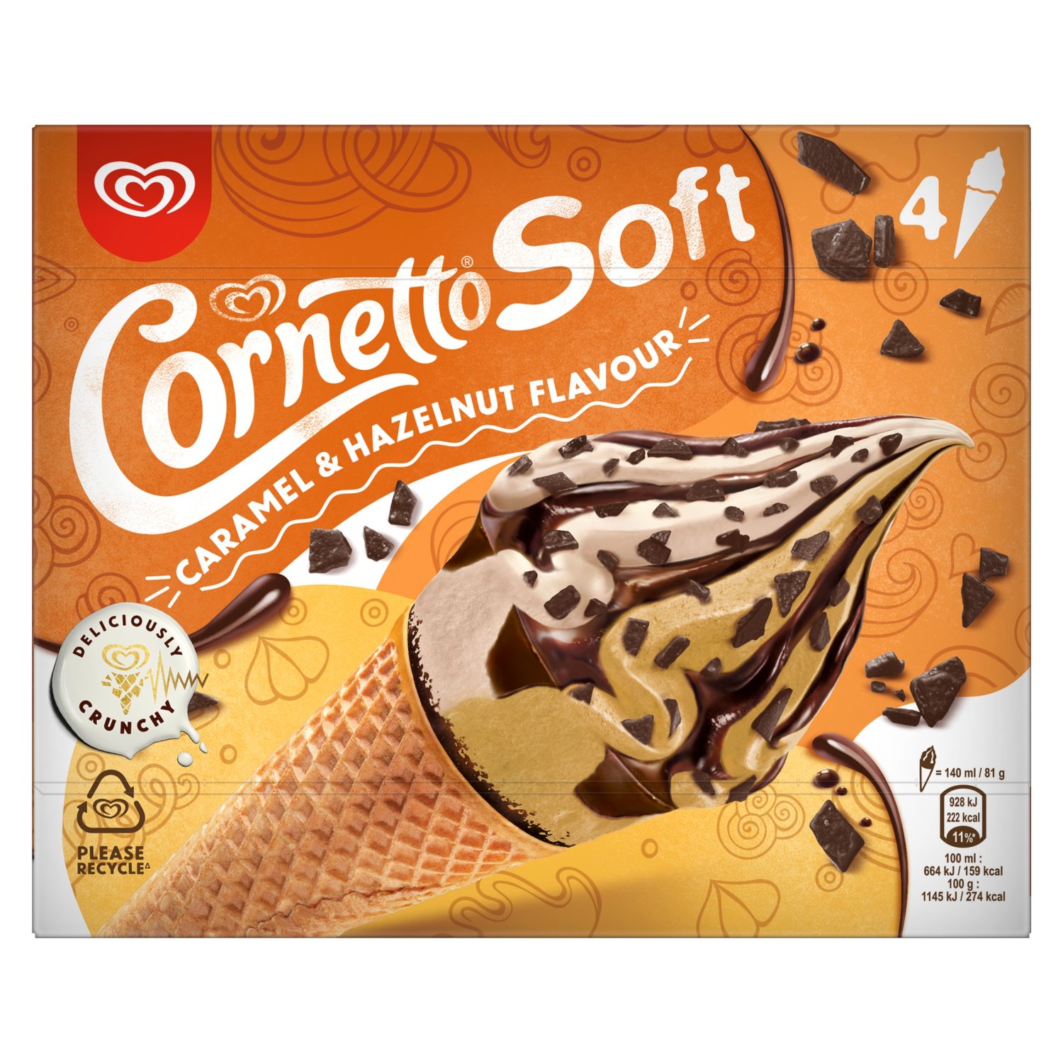 Cornetto Soft Ice Cream Cone Caramel and Hazelnut 4 Pack (140 ml)
