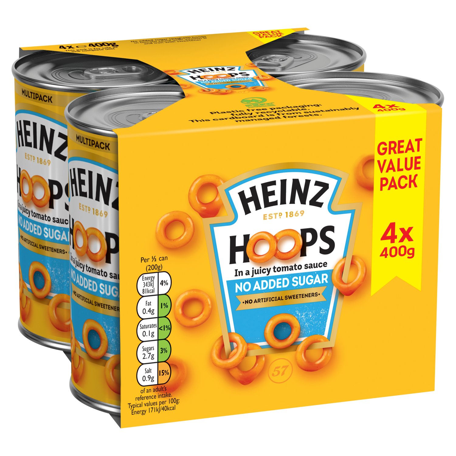 Heinz Spaghetti Hoops No Added Sugar 4 Pack (400 g)
