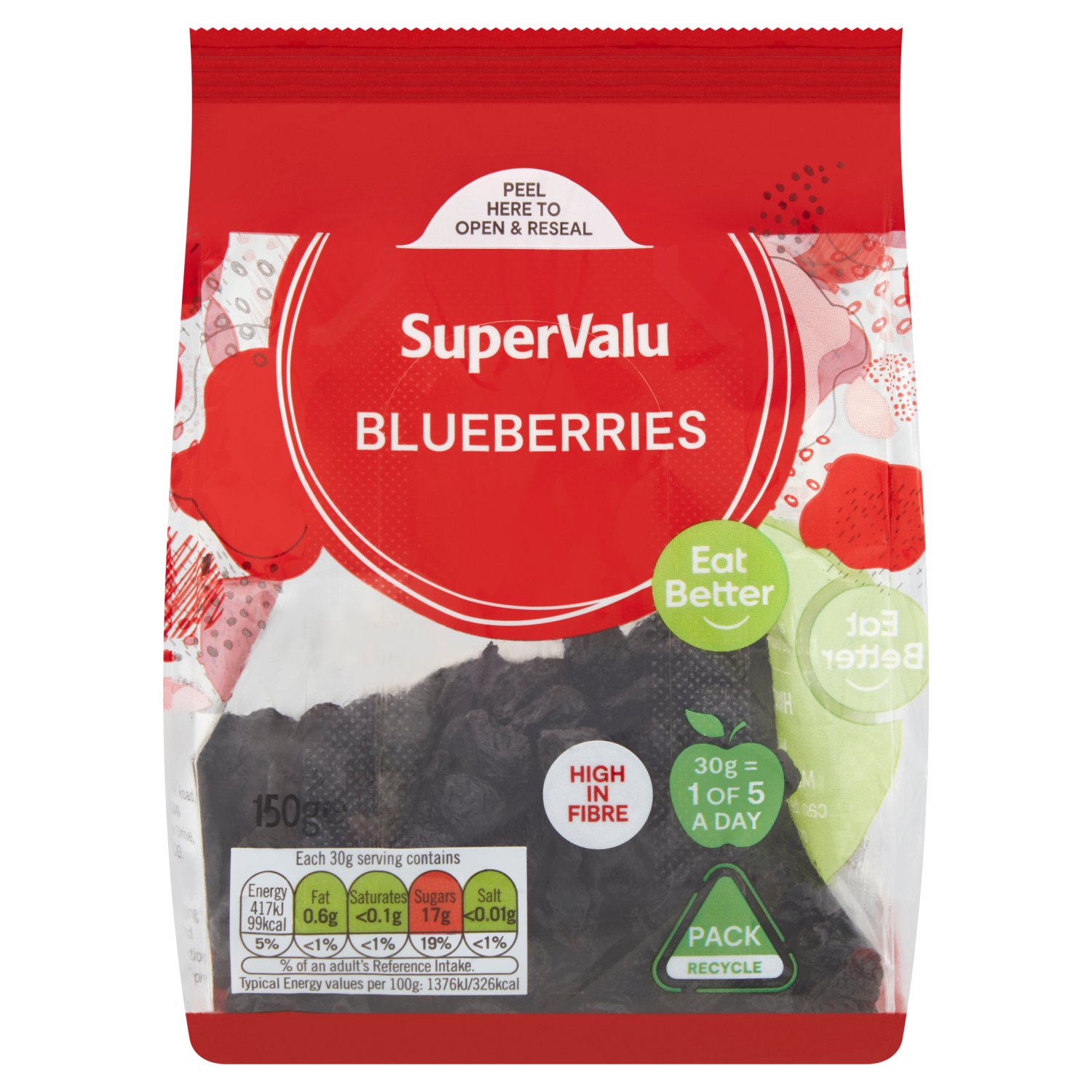 1 of 5 a Day*: It is recommended that we eat at least 5 portions of fruit and vegetables every day.
*30g of dried blueberries equals one of your five a day.