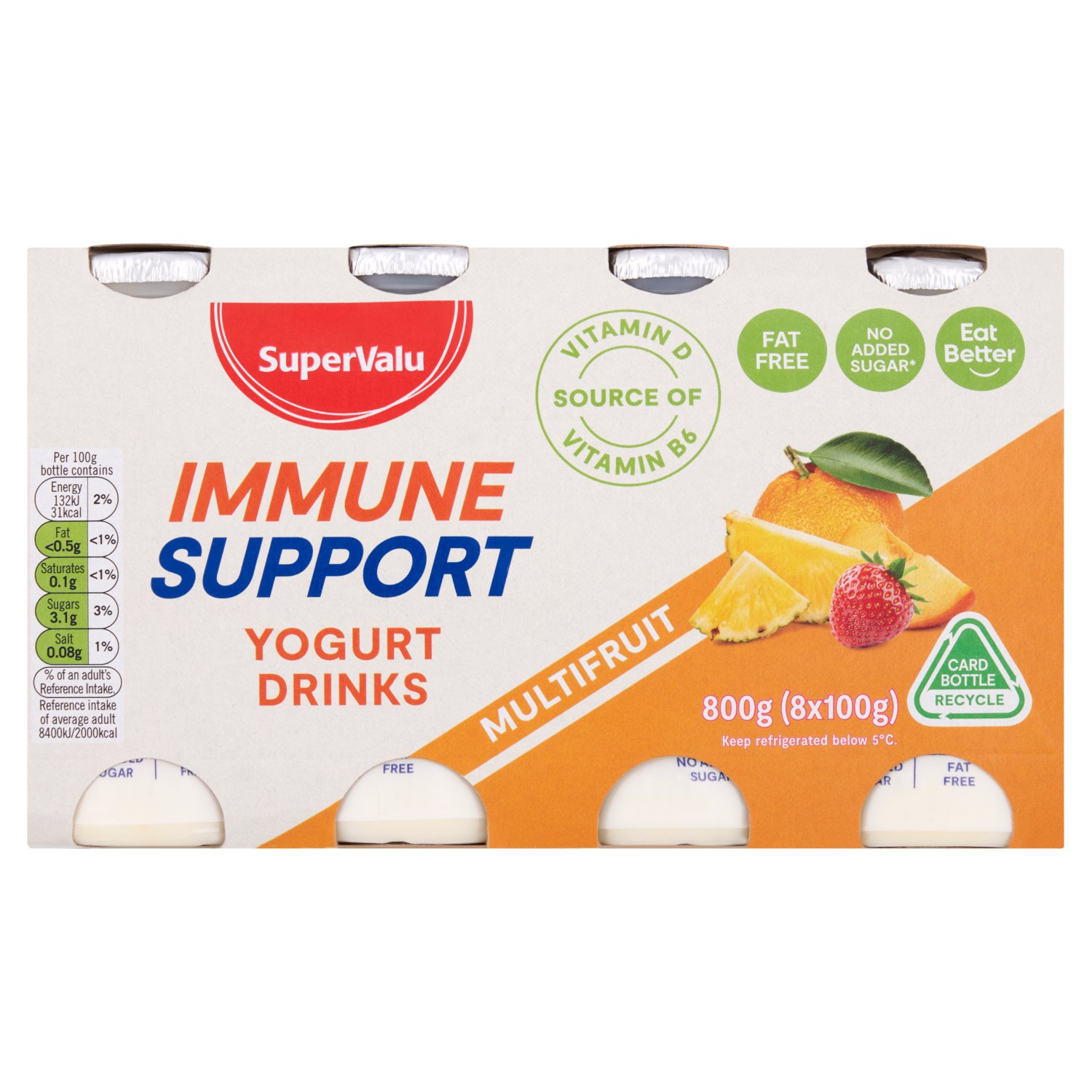 No added sugar*
*Contains naturally occurring sugars

Vitamin B6 & D contributes to the normal function of the immune system.
Vitamin D also contributes to the maintenance of normal teeth and bones.
Vitamin B6 also contributes to the reduction of tiredness and fatigue.