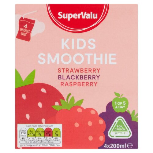 SuperValu Strawberry. Blueberry & Raspberry Kids Smoothie 4 Pack (200 ml) Storefront EN