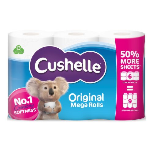 Cushelle Original 50% Longer Toilet Tissue 6 Equals 9 Regular Rolls (6 Roll)