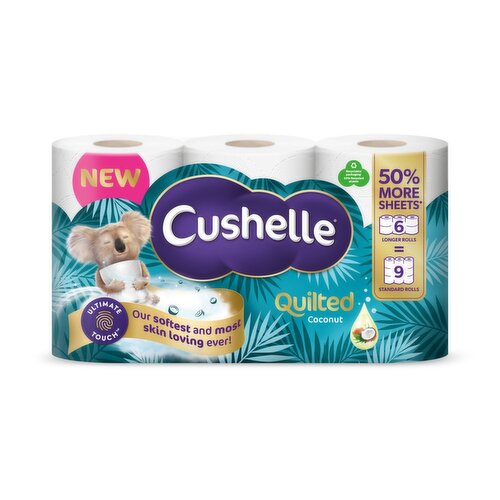 Cushelle Quilted Coconut 50% Longer Toilet Tissue 6 Equals 9 Regular Rolls (6 Roll)