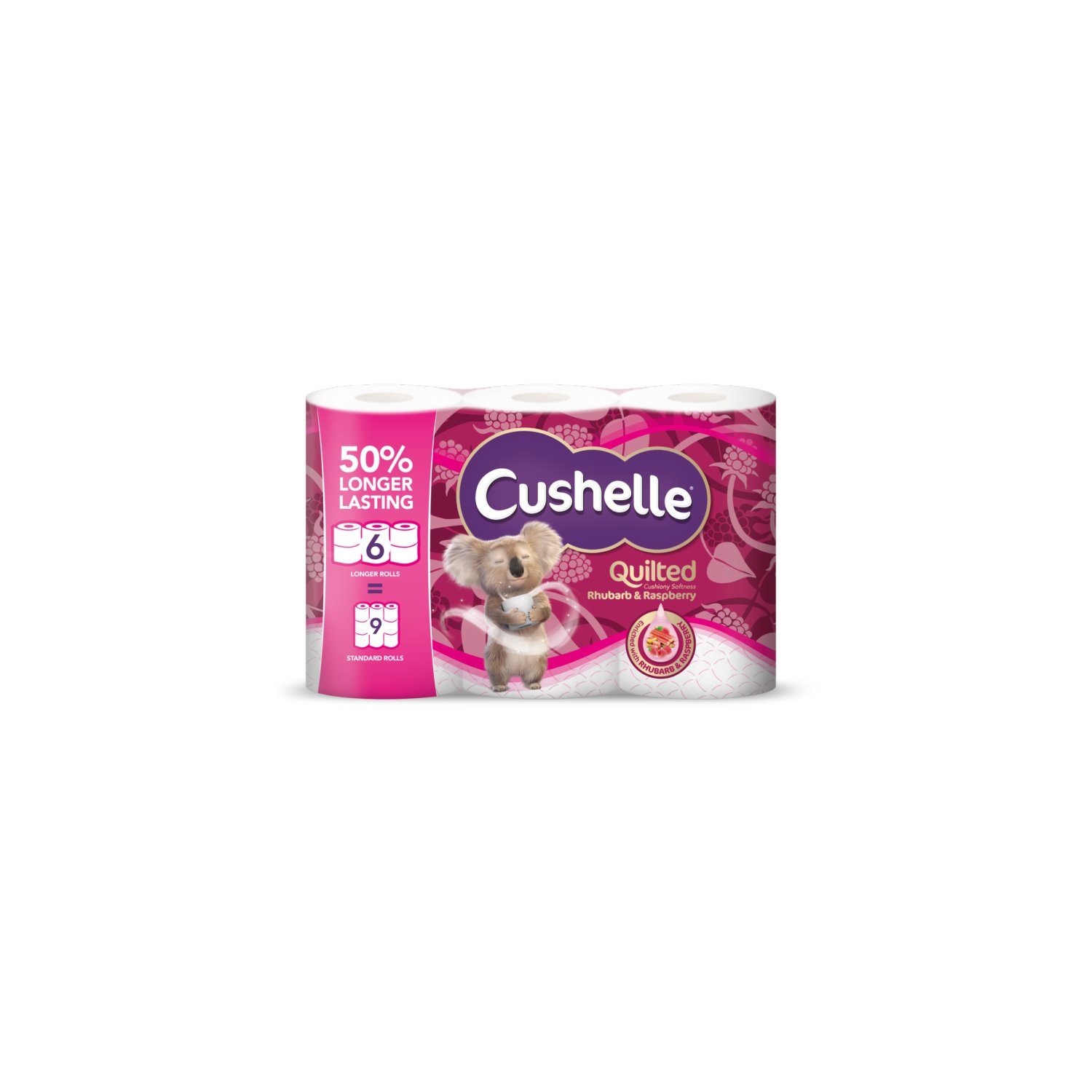 Cushelle Quilted Rhubard & Raspberry 50% Longer Toilet Tissue 6 Equals 9 Regular (6 Roll)