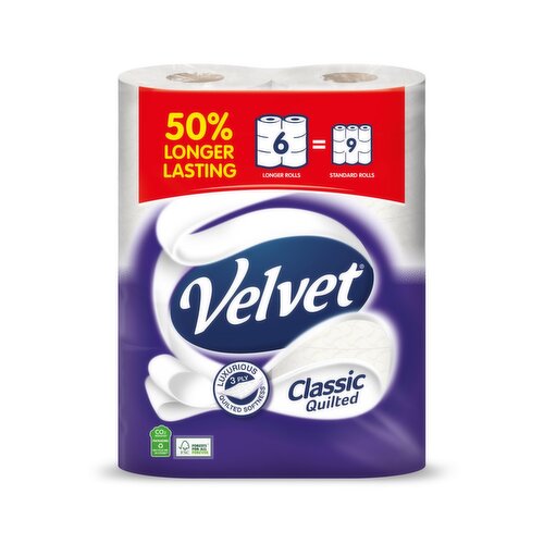 Velvet Classic Quilted 50% Longer Toilet Tissue 6 Equals 9 Regular Rolls (6 Roll)